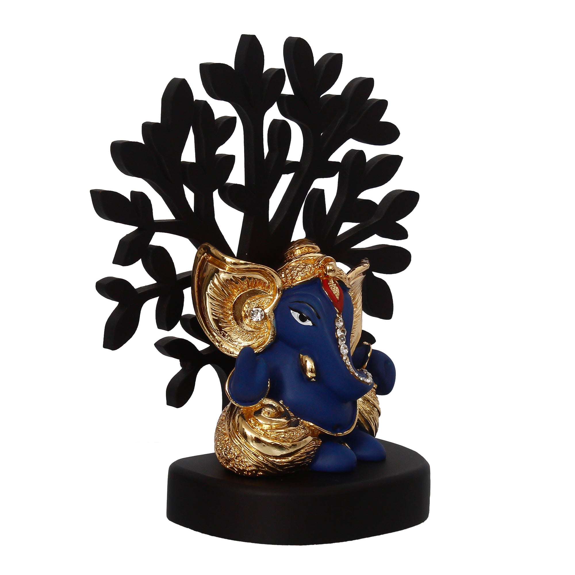 Gold Plated Blue Polyresin Ganesha Idol with Wooden Tree for Home, Office and Car Dashboard 5