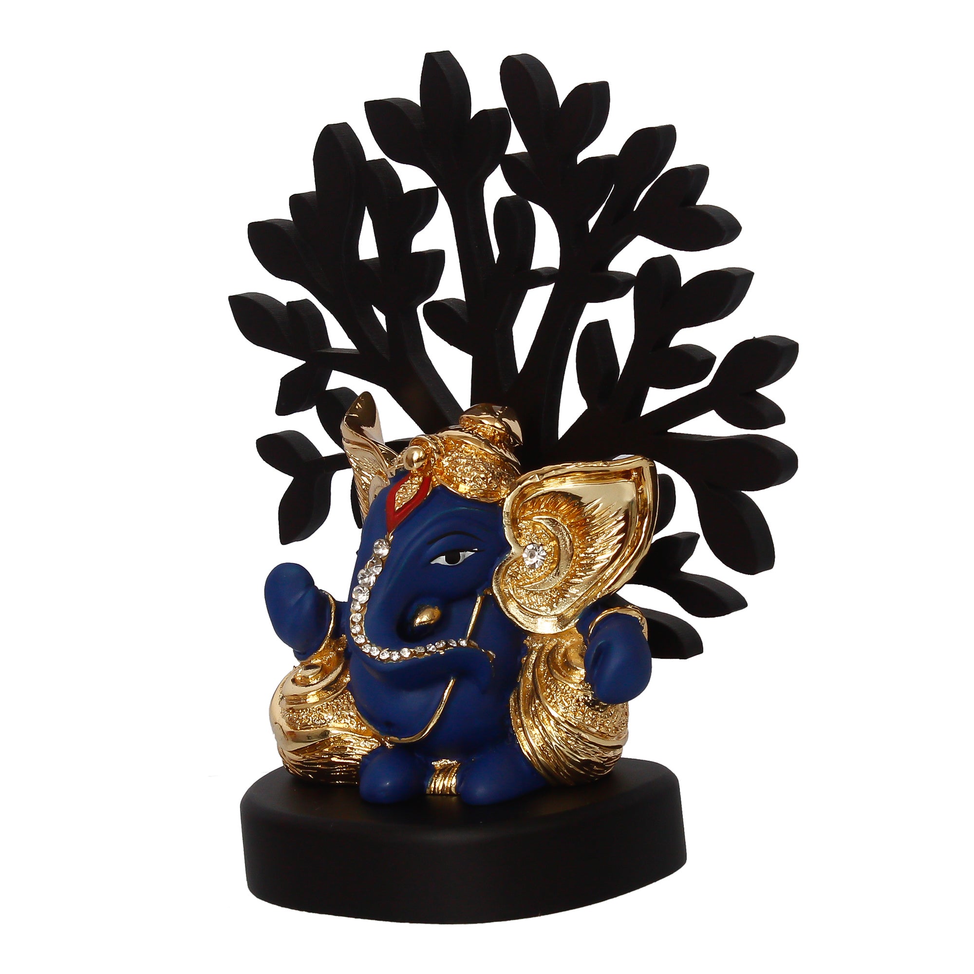 Gold Plated Blue Polyresin Ganesha Idol with Wooden Tree for Home, Office and Car Dashboard 6