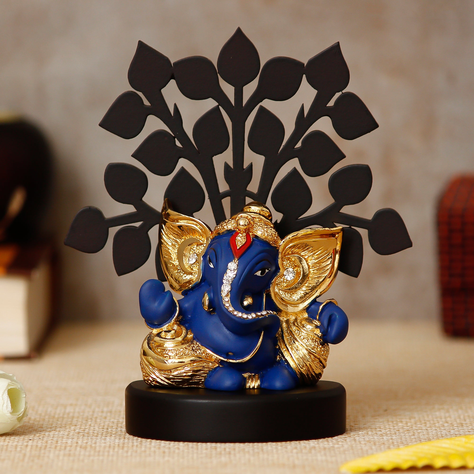 Gold Plated Blue Polyresin Ganesha Statue with Wooden Tree for Home, Temple, Office and Car Dashboard