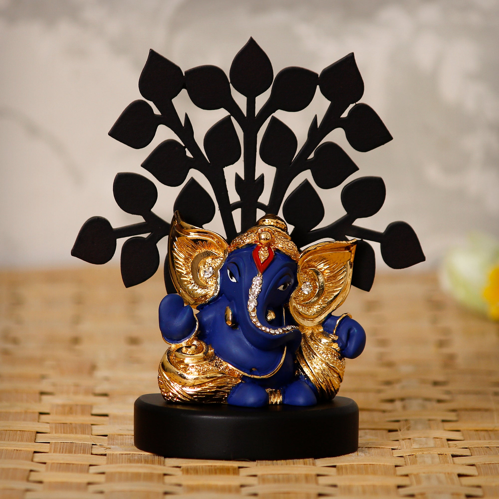 Gold Plated Blue Polyresin Ganesha Statue with Wooden Tree for Home, Temple, Office and Car Dashboard 1
