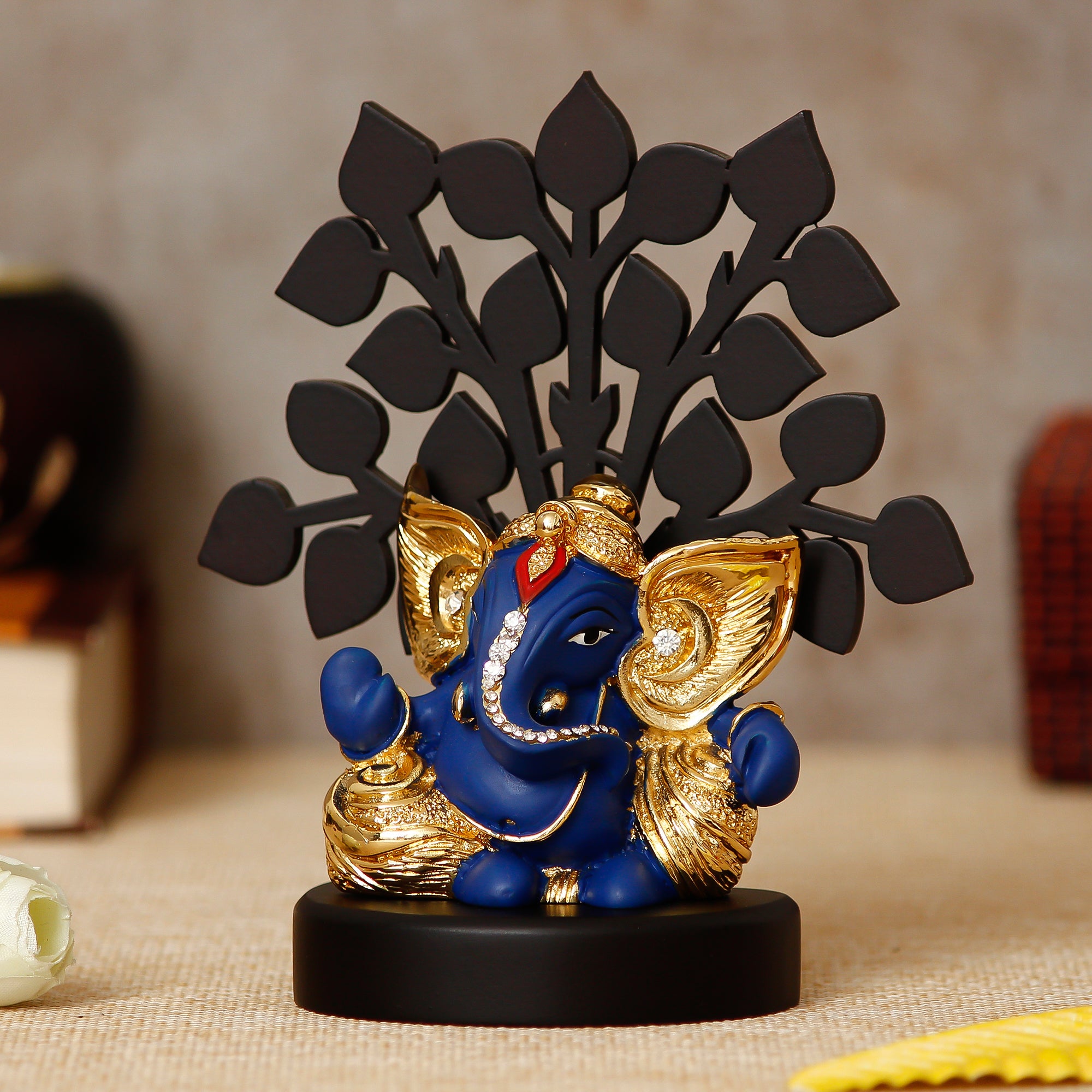 Gold Plated Blue Polyresin Ganesha Statue with Wooden Tree for Home, Temple, Office and Car Dashboard 2