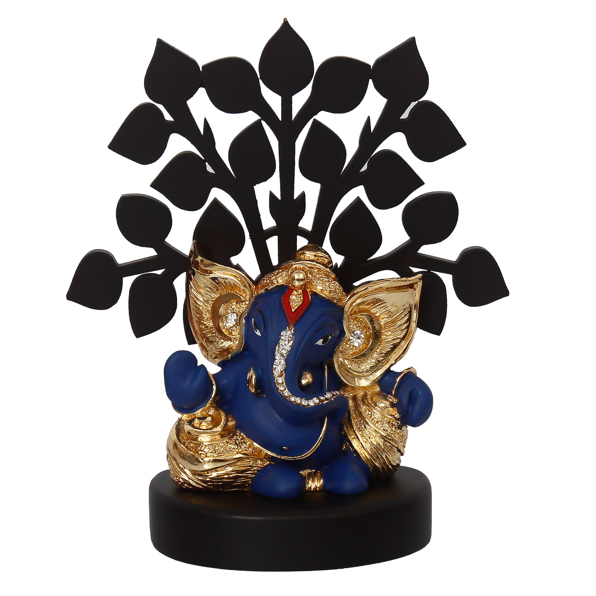 Gold Plated Blue Polyresin Ganesha Statue with Wooden Tree for Home, Temple, Office and Car Dashboard 3