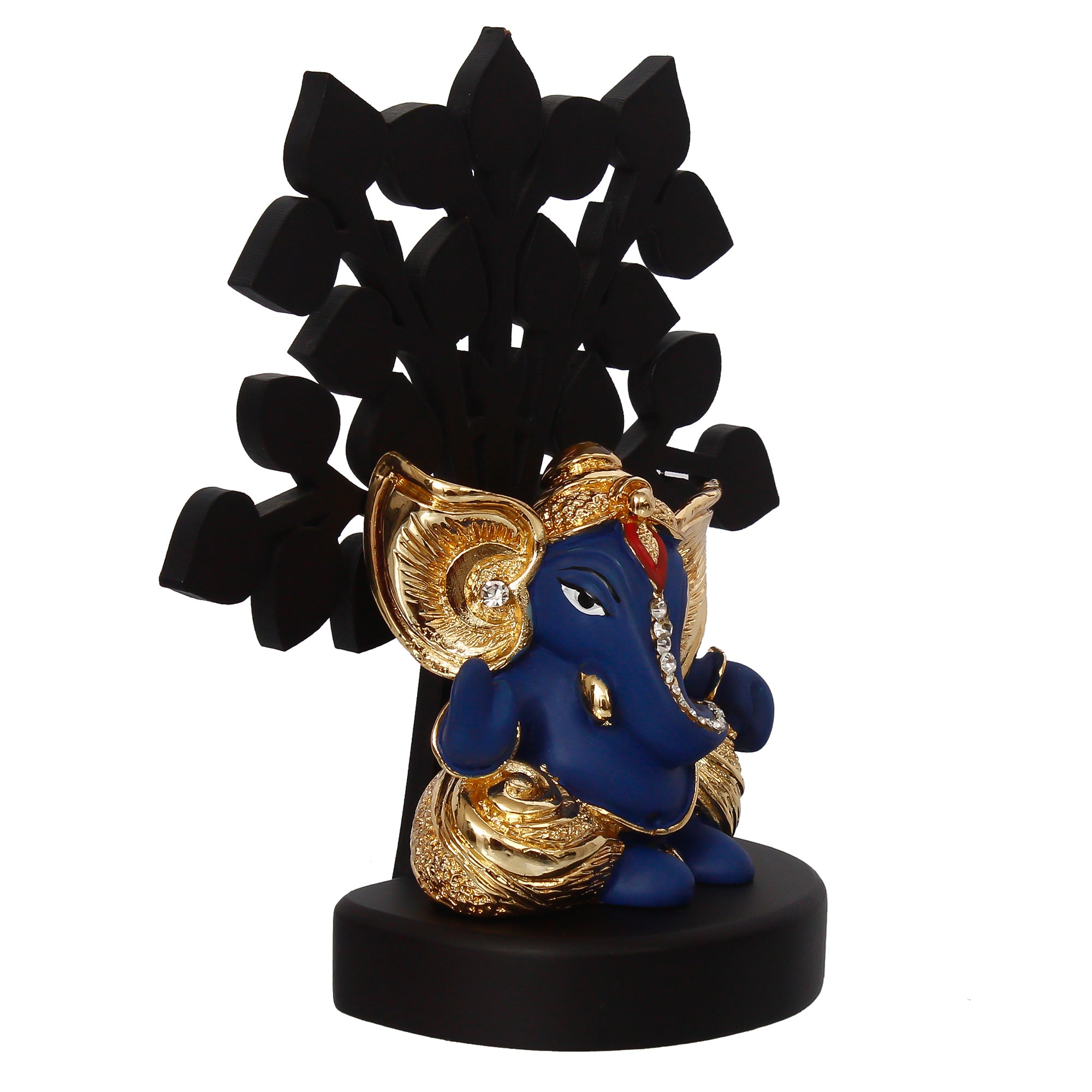 Gold Plated Blue Polyresin Ganesha Statue with Wooden Tree for Home, Temple, Office and Car Dashboard 5