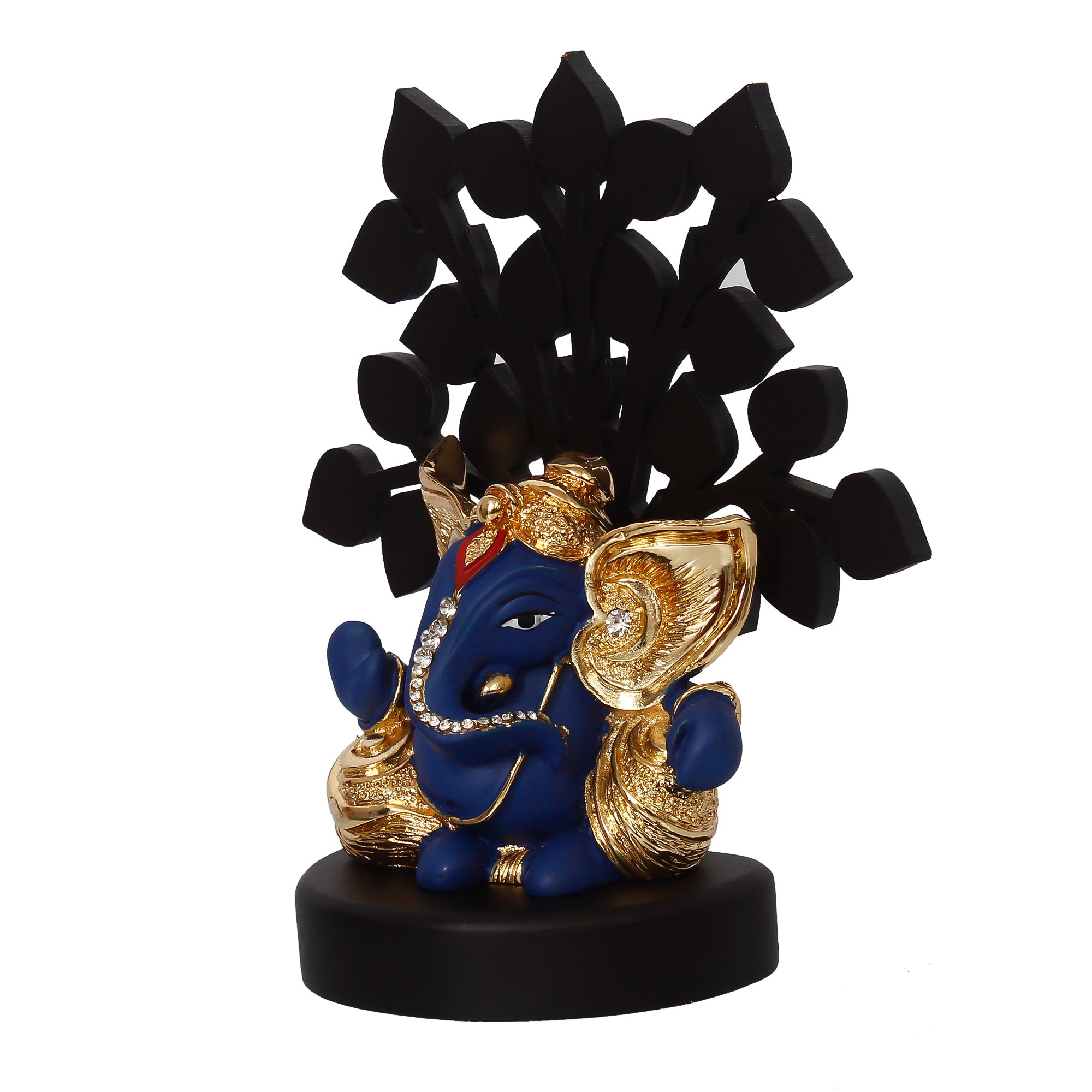 Gold Plated Blue Polyresin Ganesha Statue with Wooden Tree for Home, Temple, Office and Car Dashboard 6