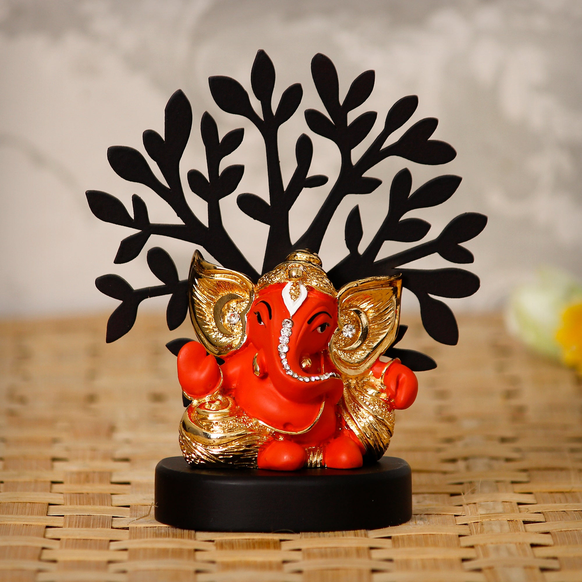 Gold Plated Orange Polyresin Ganesha Statue with Wooden Tree for Home, Temple, Office and Car Dashboard 1
