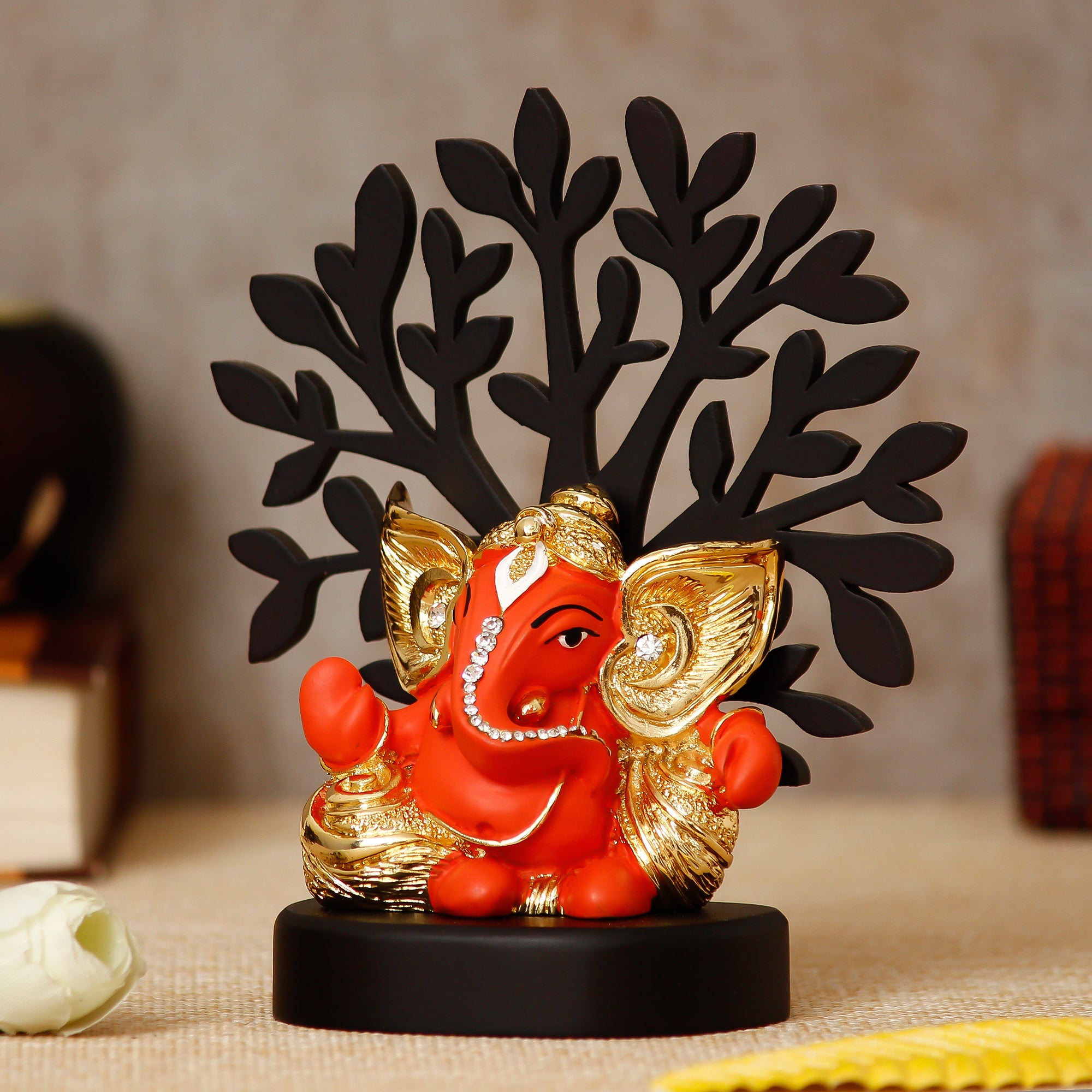 Gold Plated Orange Polyresin Ganesha Statue with Wooden Tree for Home, Temple, Office and Car Dashboard 2