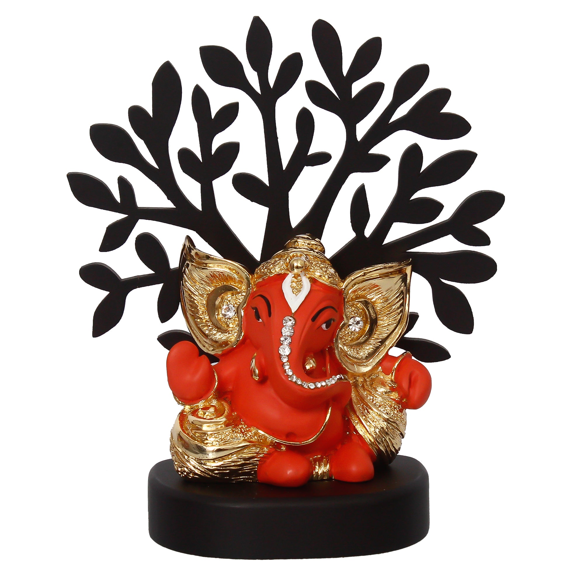 Gold Plated Orange Polyresin Ganesha Statue with Wooden Tree for Home, Temple, Office and Car Dashboard 3