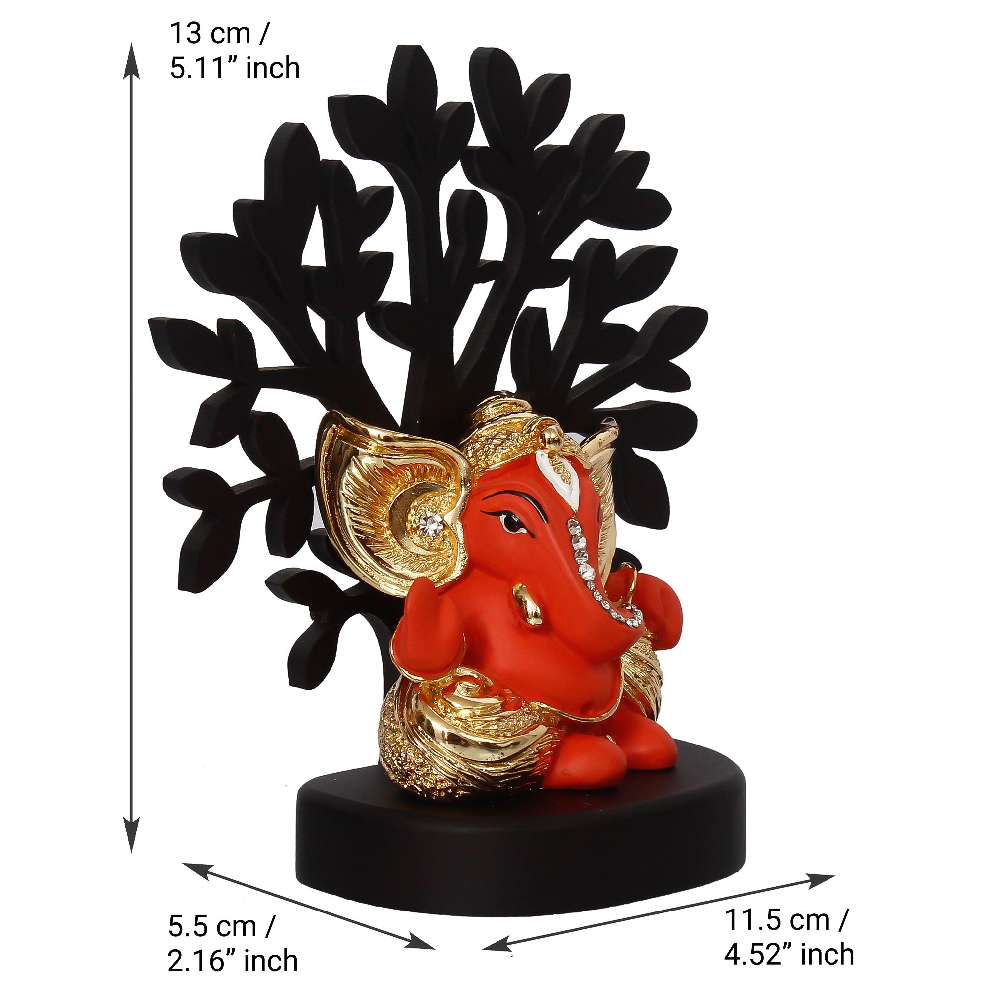 Gold Plated Orange Polyresin Ganesha Statue with Wooden Tree for Home, Temple, Office and Car Dashboard 4