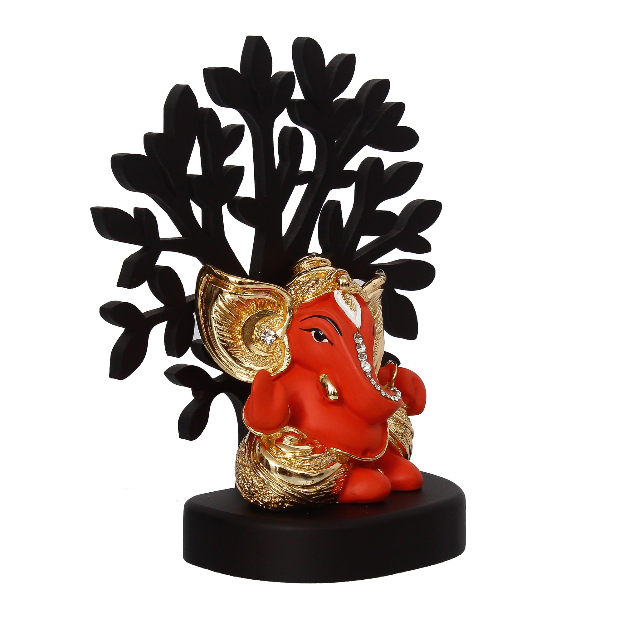 Gold Plated Orange Polyresin Ganesha Statue with Wooden Tree for Home, Temple, Office and Car Dashboard 5