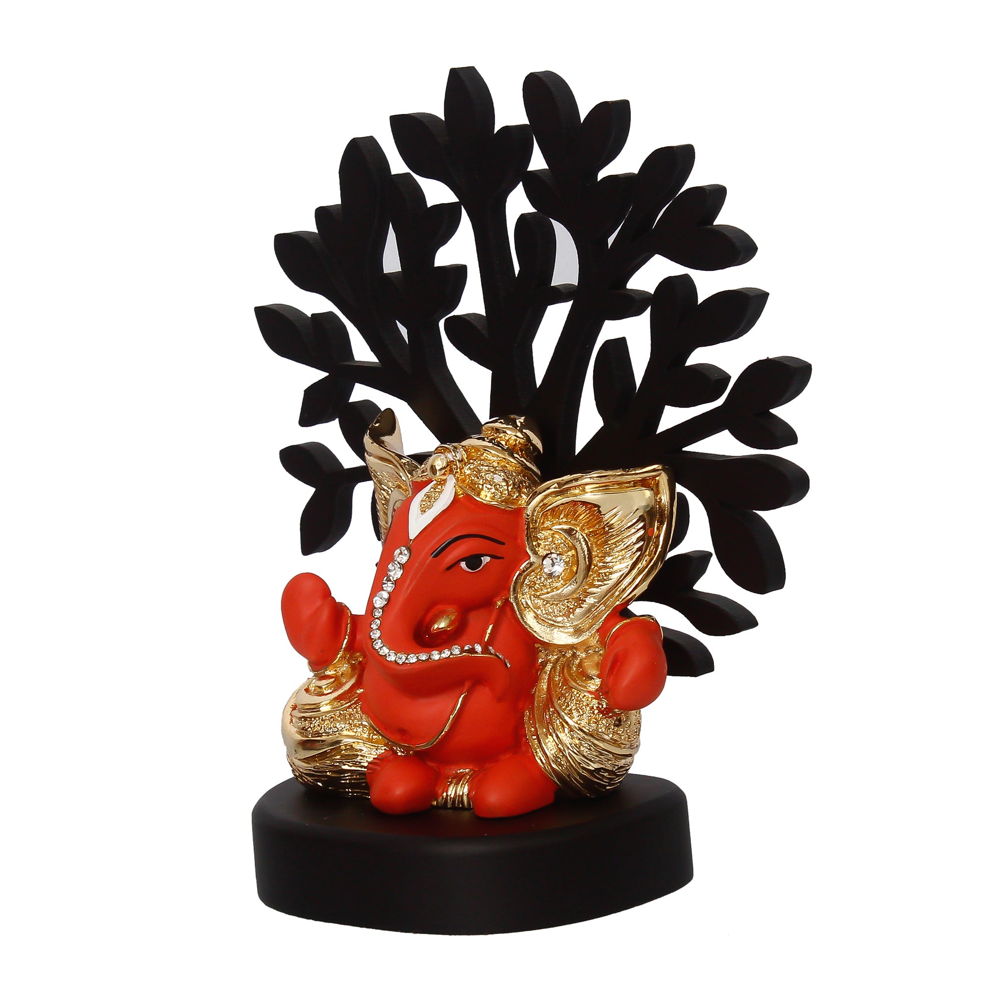 Gold Plated Orange Polyresin Ganesha Statue with Wooden Tree for Home, Temple, Office and Car Dashboard 6