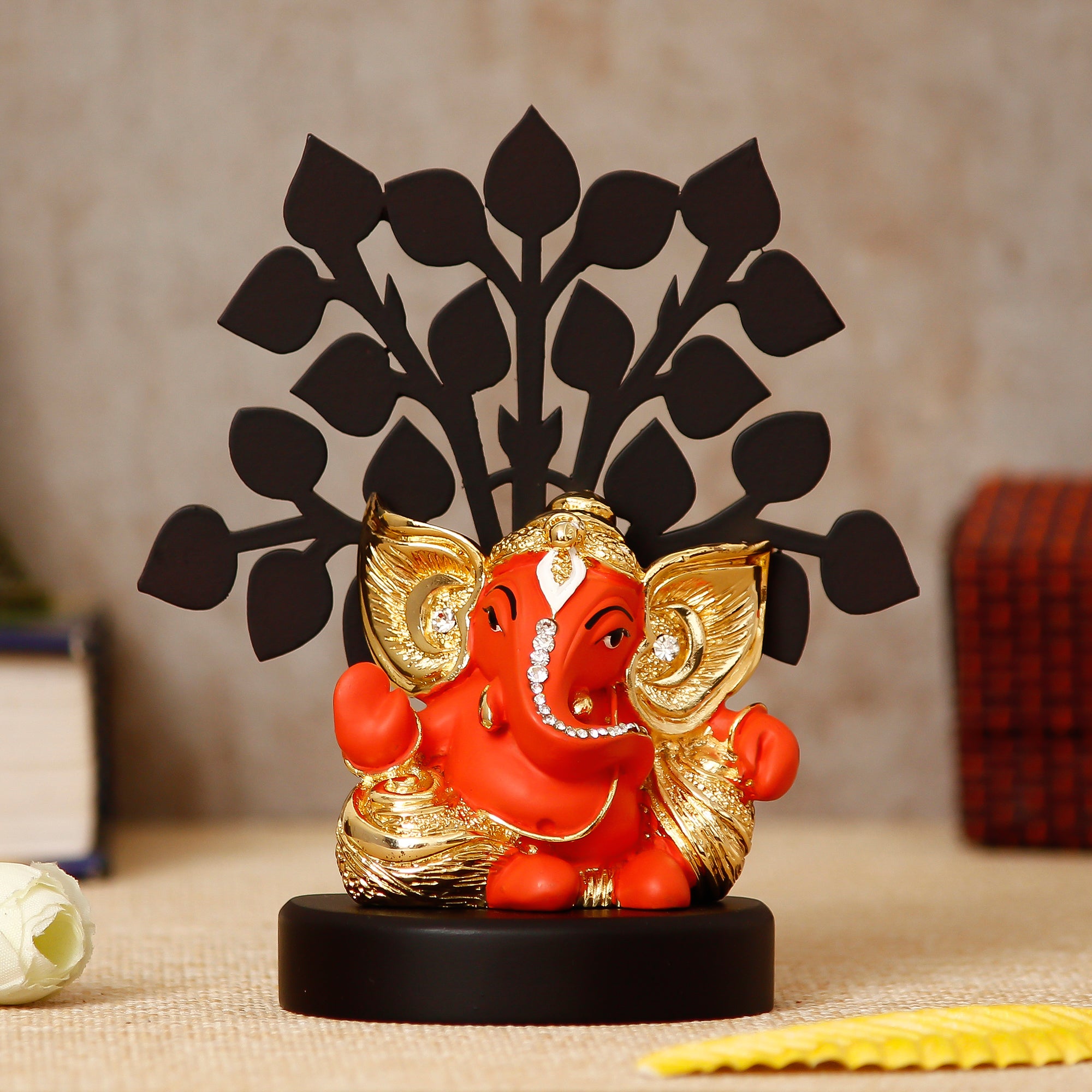 Gold Plated Orange Polyresin Ganesha Murti with Wooden Tree for Home, Temple, Office and Car Dashboard