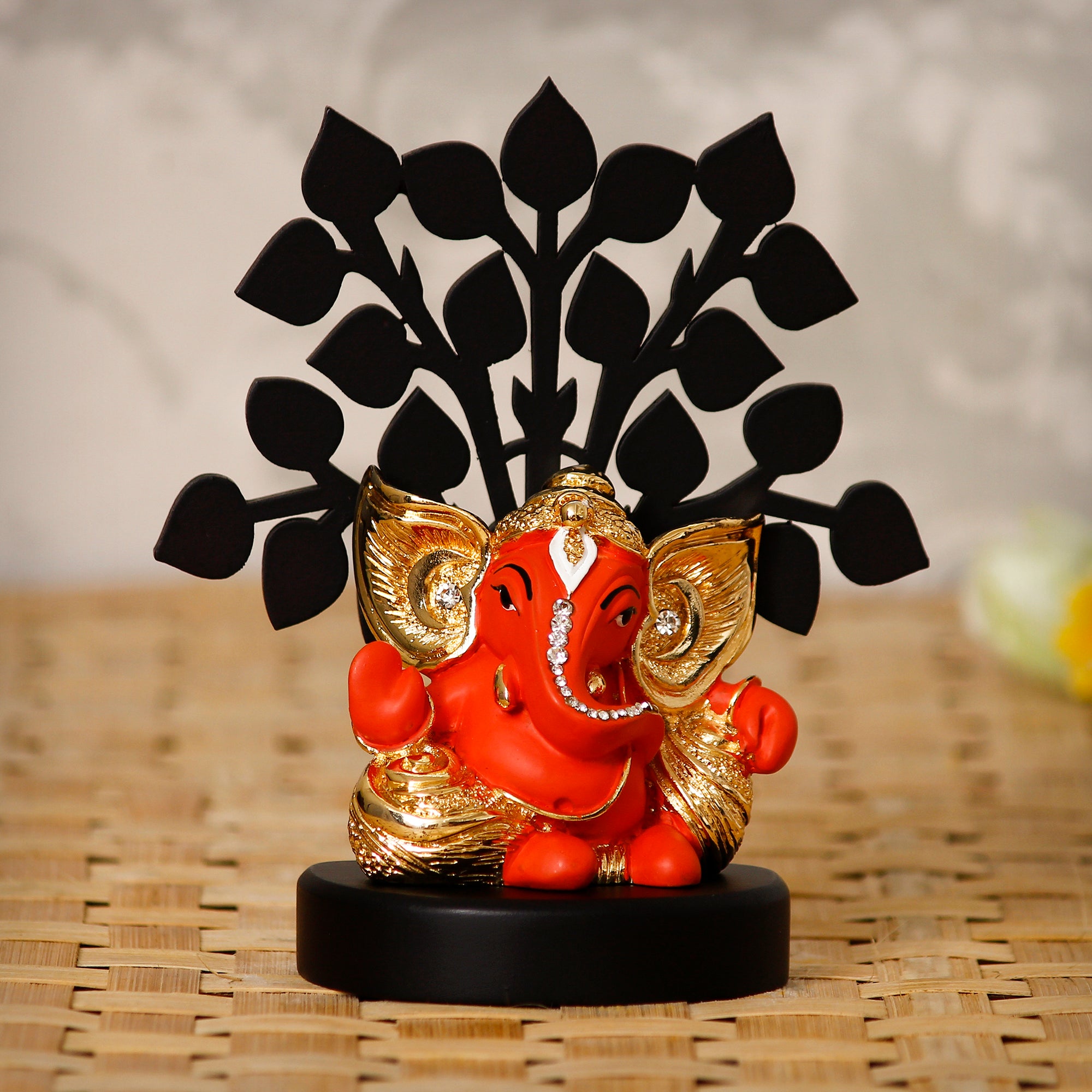 Gold Plated Orange Polyresin Ganesha Murti with Wooden Tree for Home, Temple, Office and Car Dashboard 1