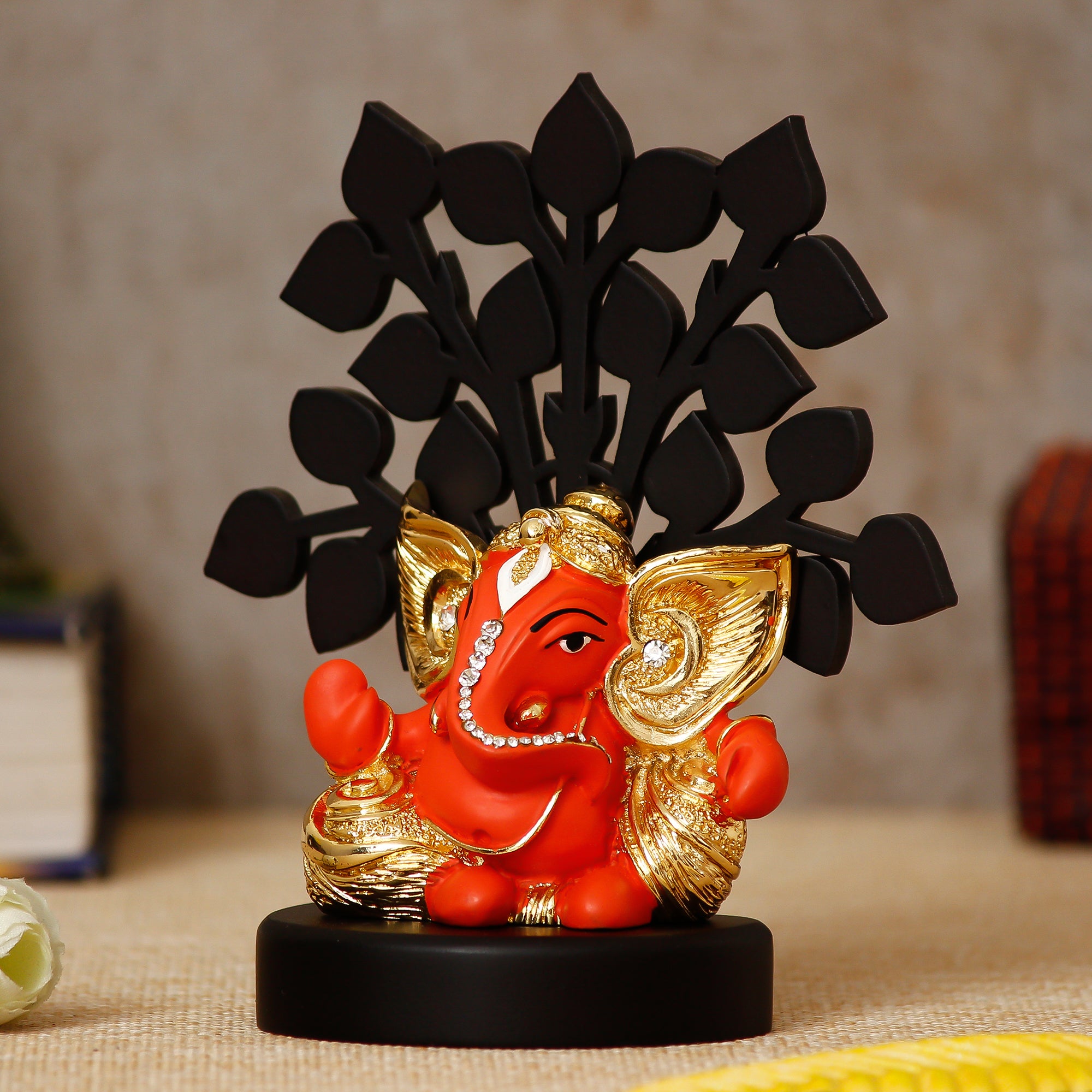 Gold Plated Orange Polyresin Ganesha Murti with Wooden Tree for Home, Temple, Office and Car Dashboard 2