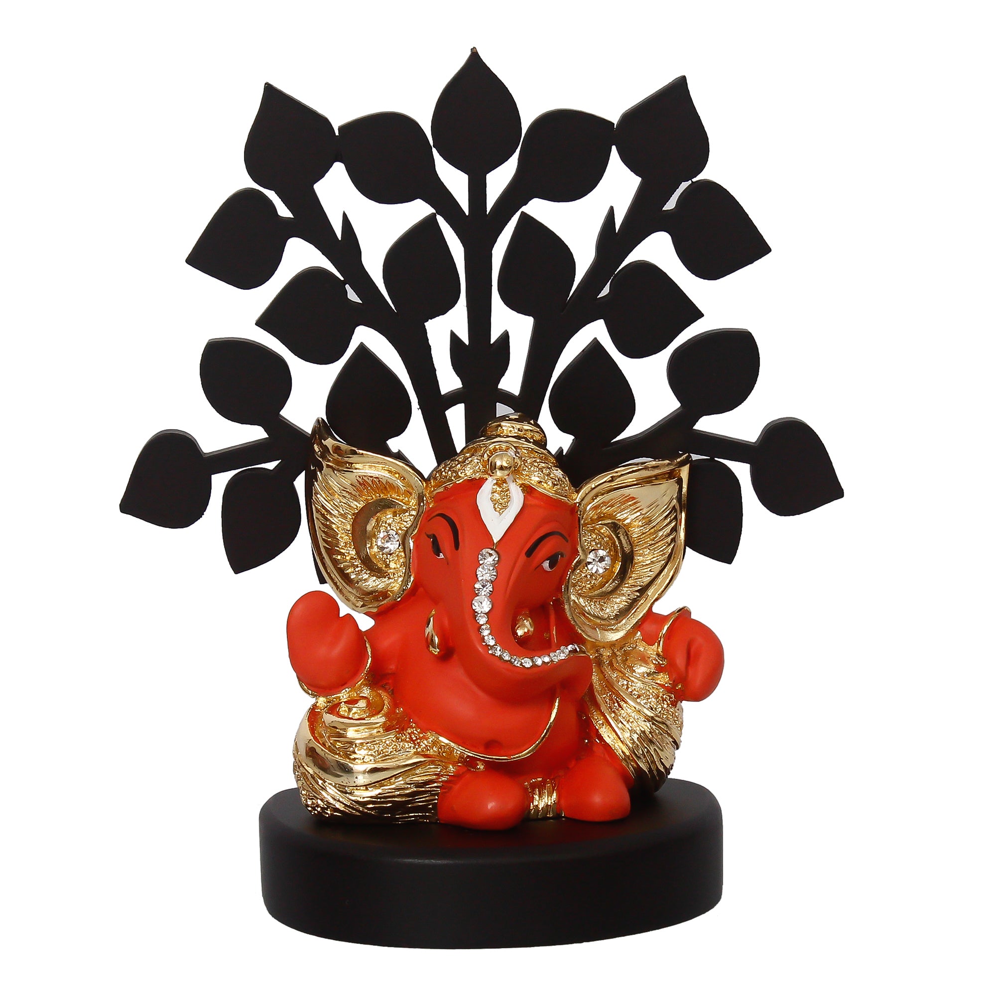 Gold Plated Orange Polyresin Ganesha Murti with Wooden Tree for Home, Temple, Office and Car Dashboard 3