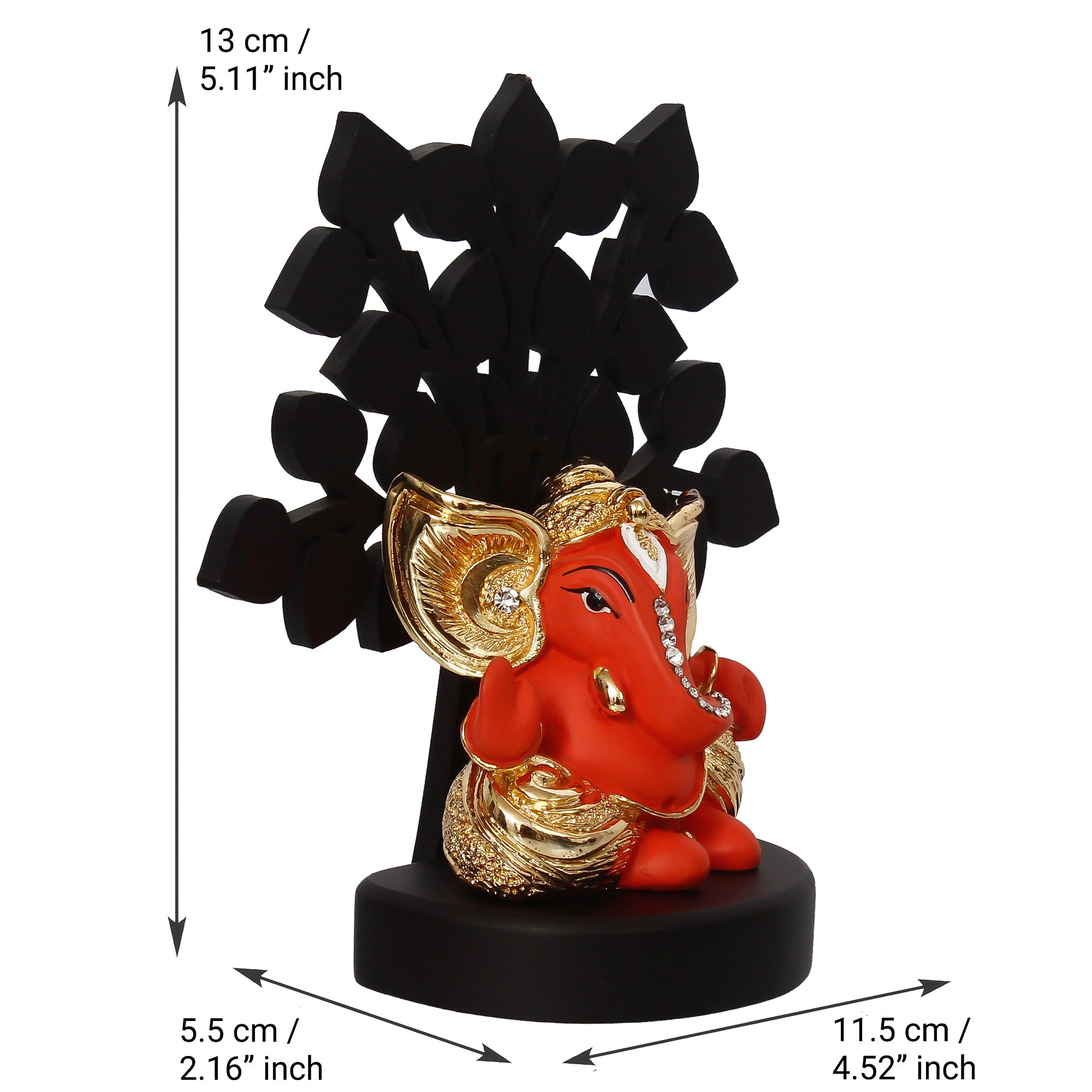Gold Plated Orange Polyresin Ganesha Murti with Wooden Tree for Home, Temple, Office and Car Dashboard 4