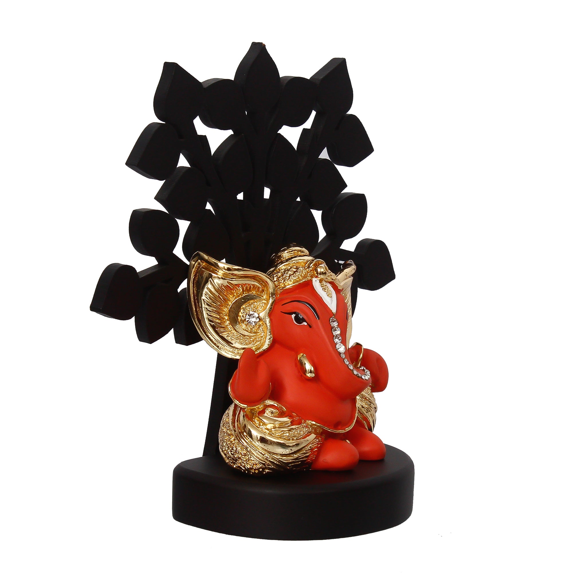 Gold Plated Orange Polyresin Ganesha Murti with Wooden Tree for Home, Temple, Office and Car Dashboard 5
