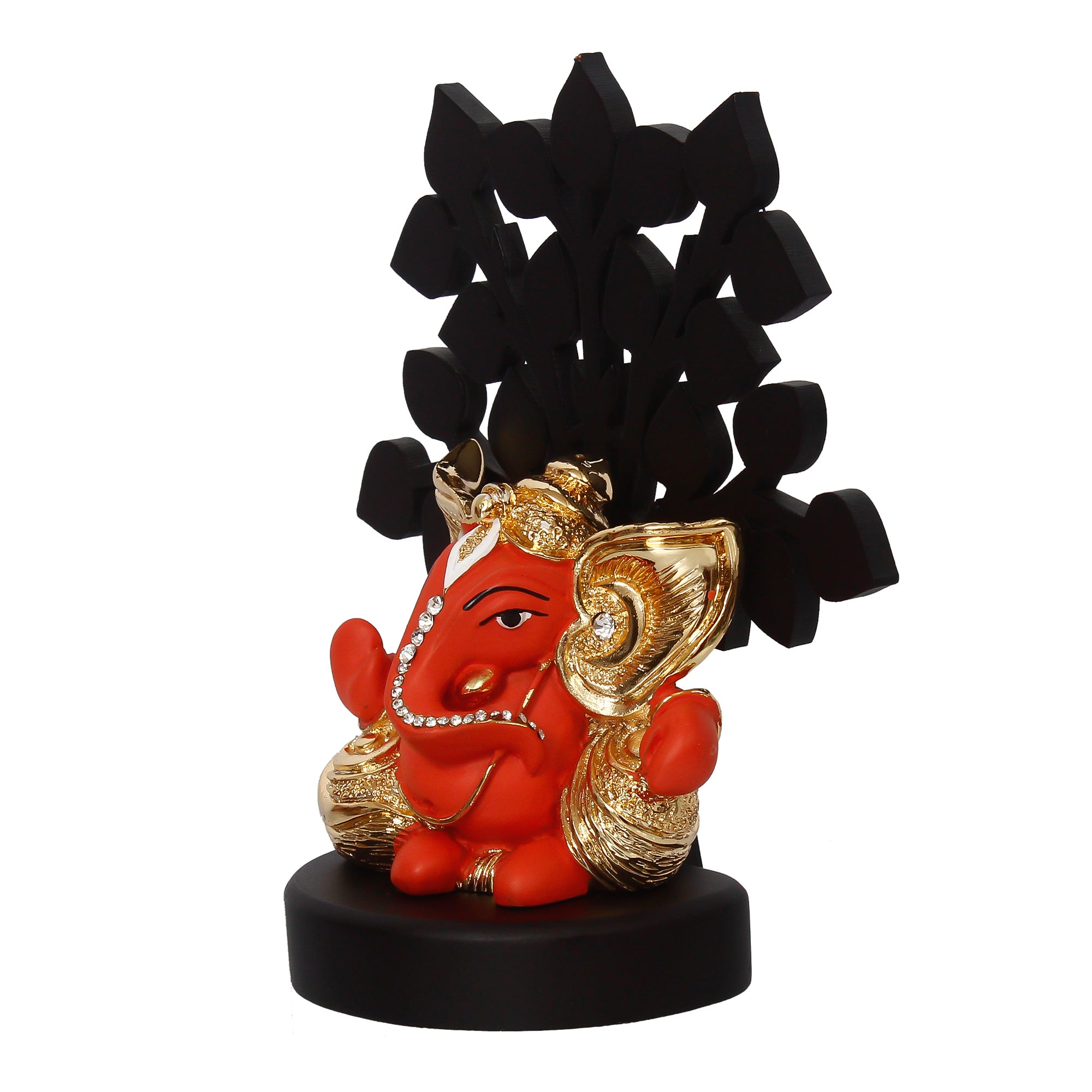 Gold Plated Orange Polyresin Ganesha Murti with Wooden Tree for Home, Temple, Office and Car Dashboard 6