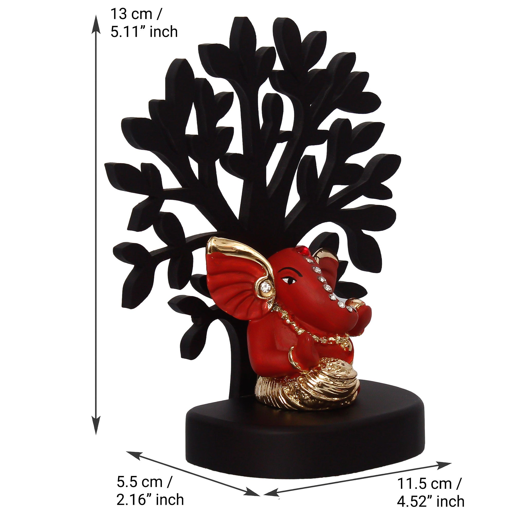 Gold Plated Orange Polyresin Ganesha Idol with Wooden Tree for Home, Temple, Office and Car Dashboard 4