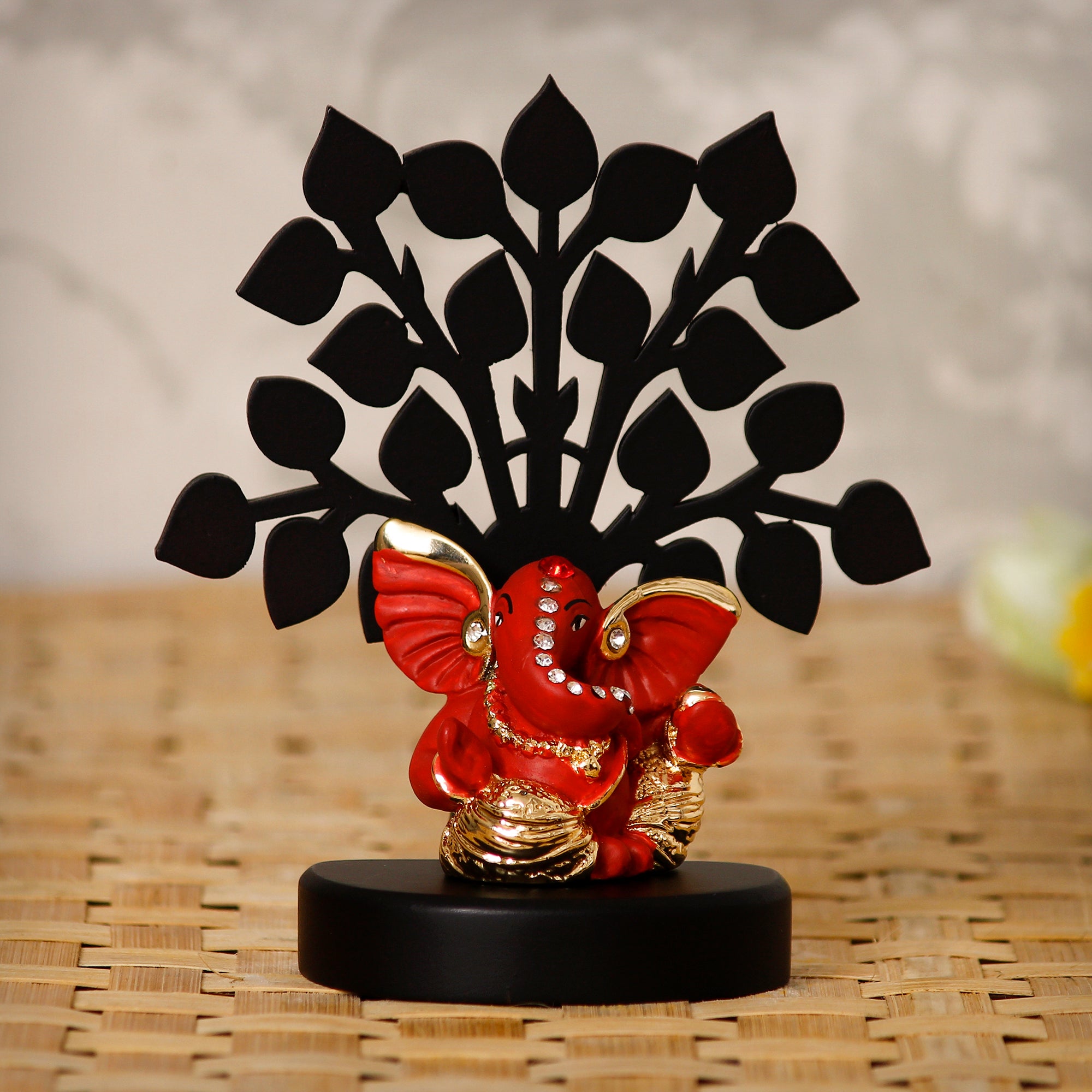 Gold Plated Orange Polyresin Ganesha Idol with Wooden Tree for Home, Temple, Office and Car Dashboard