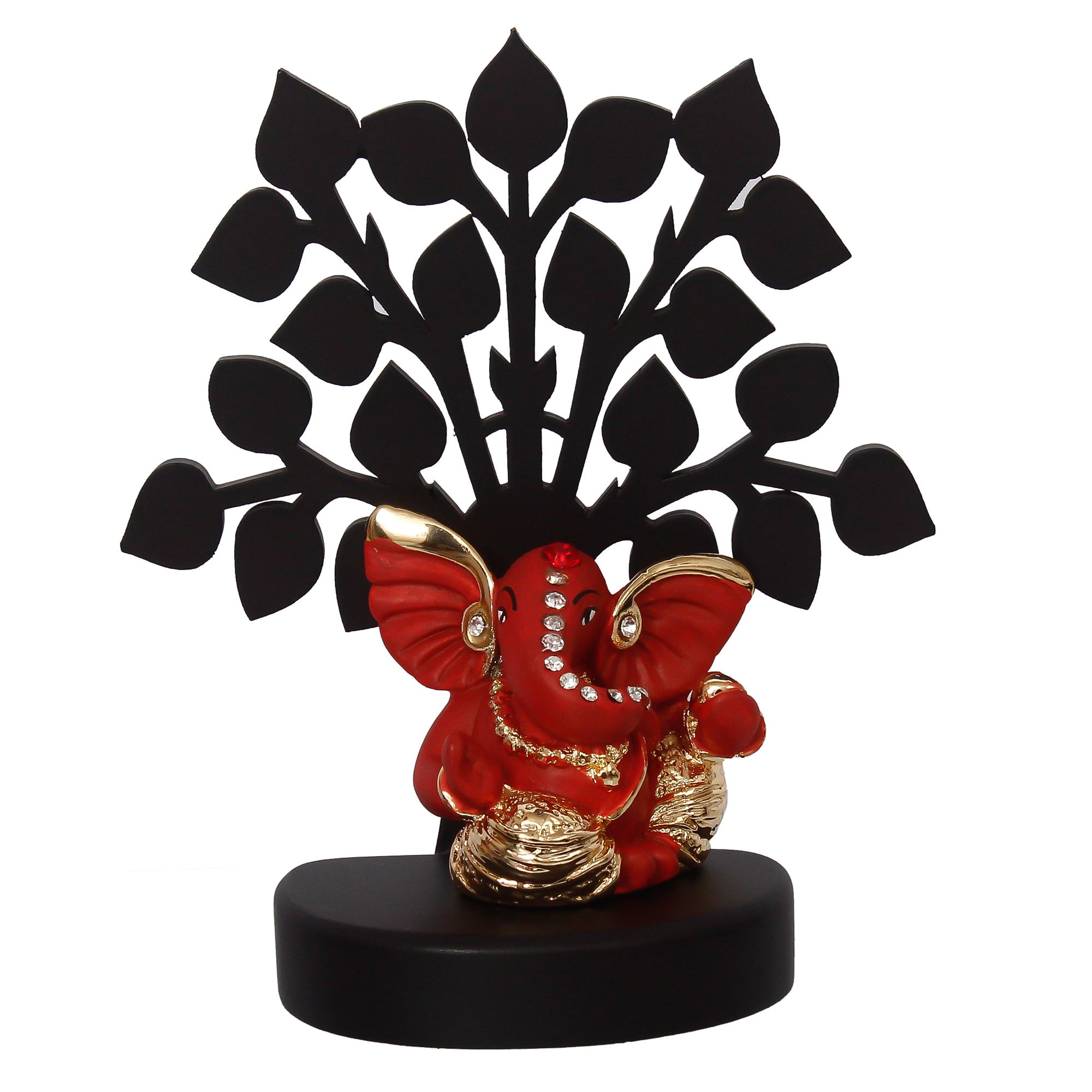 Gold Plated Orange Polyresin Ganesha Idol with Wooden Tree for Home, Temple, Office and Car Dashboard 3
