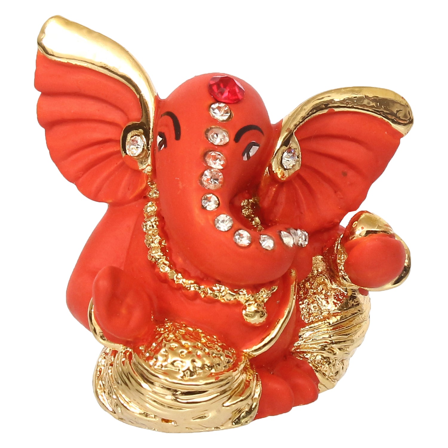 Gold Plated and Orange Polyresin Lord Ganesha Idol for Home, Temple, Office and Car 2
