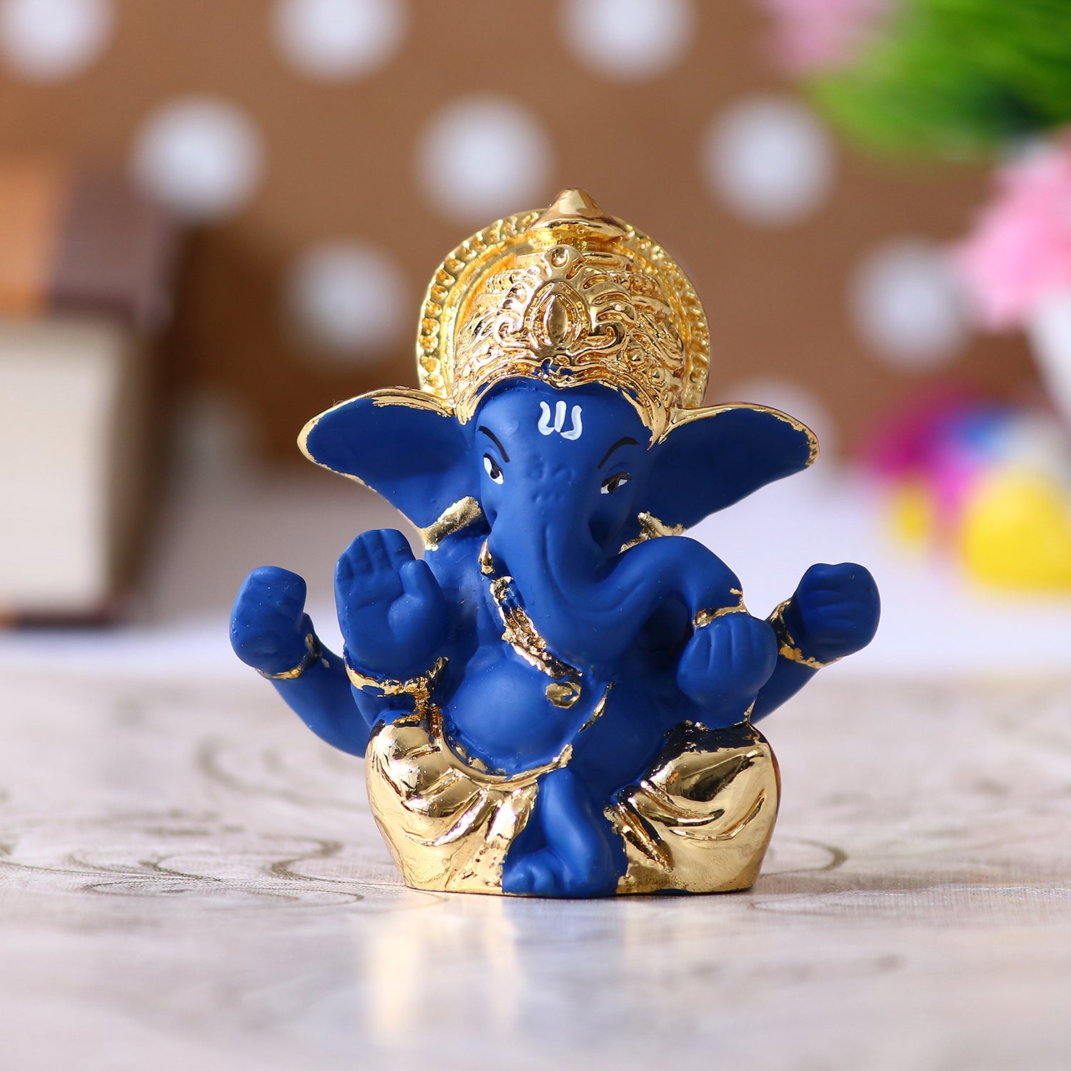 Gold Plated and Blue Polyresin Lord Ganesha Idol for Home, Temple, Office and Car Dashboard