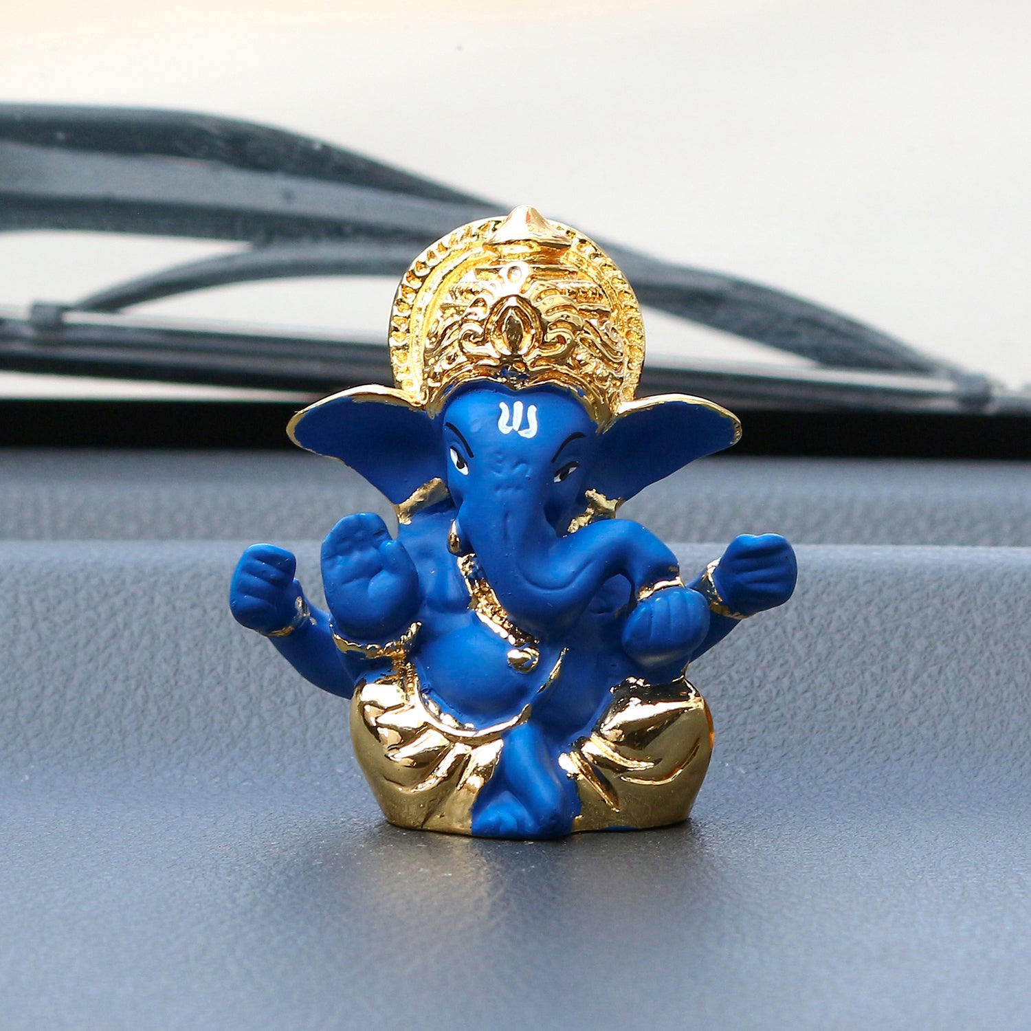 Gold Plated and Blue Polyresin Lord Ganesha Idol for Home, Temple, Office and Car Dashboard 1