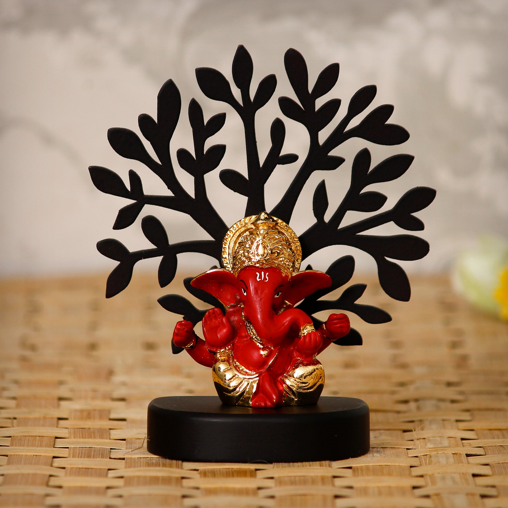 Gold Plated Red Polyresin Ganesha Idol with Wooden Tree for Home, Temple, Office and Car Dashboard