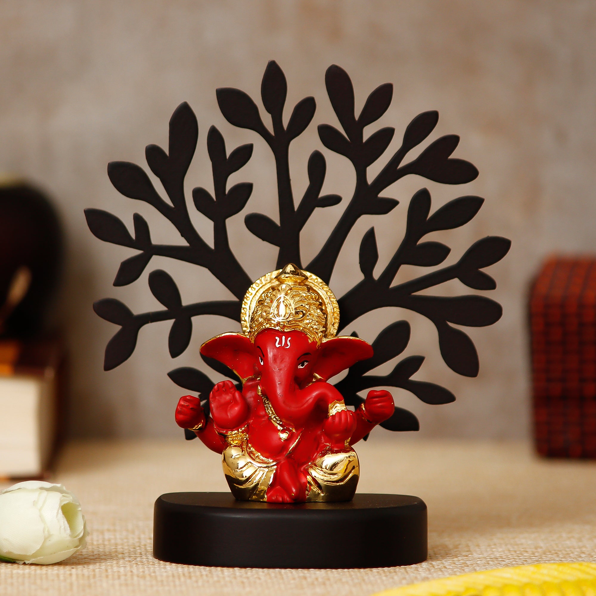 Gold Plated Red Polyresin Ganesha Idol with Wooden Tree for Home, Temple, Office and Car Dashboard 1