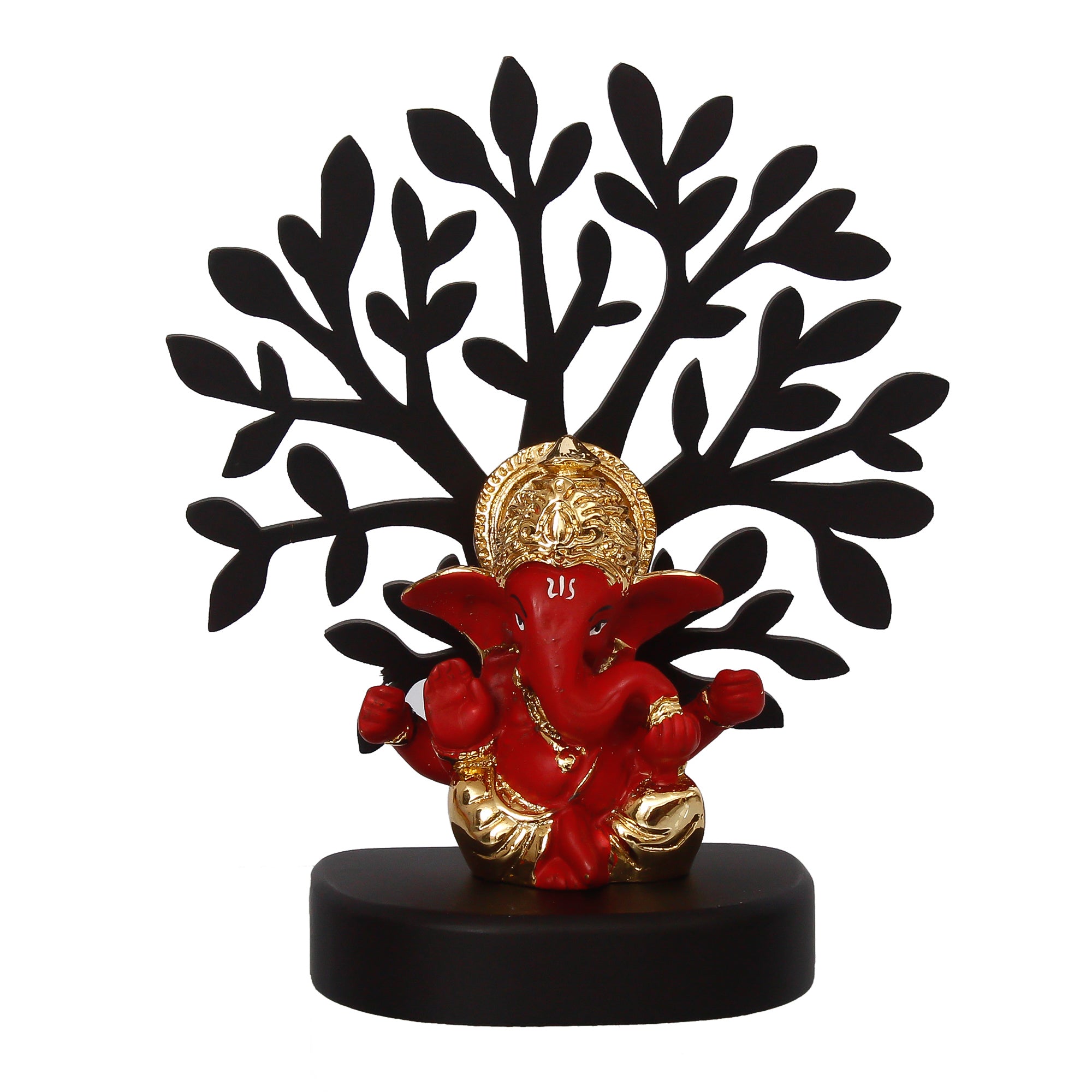 Gold Plated Red Polyresin Ganesha Idol with Wooden Tree for Home, Temple, Office and Car Dashboard 3