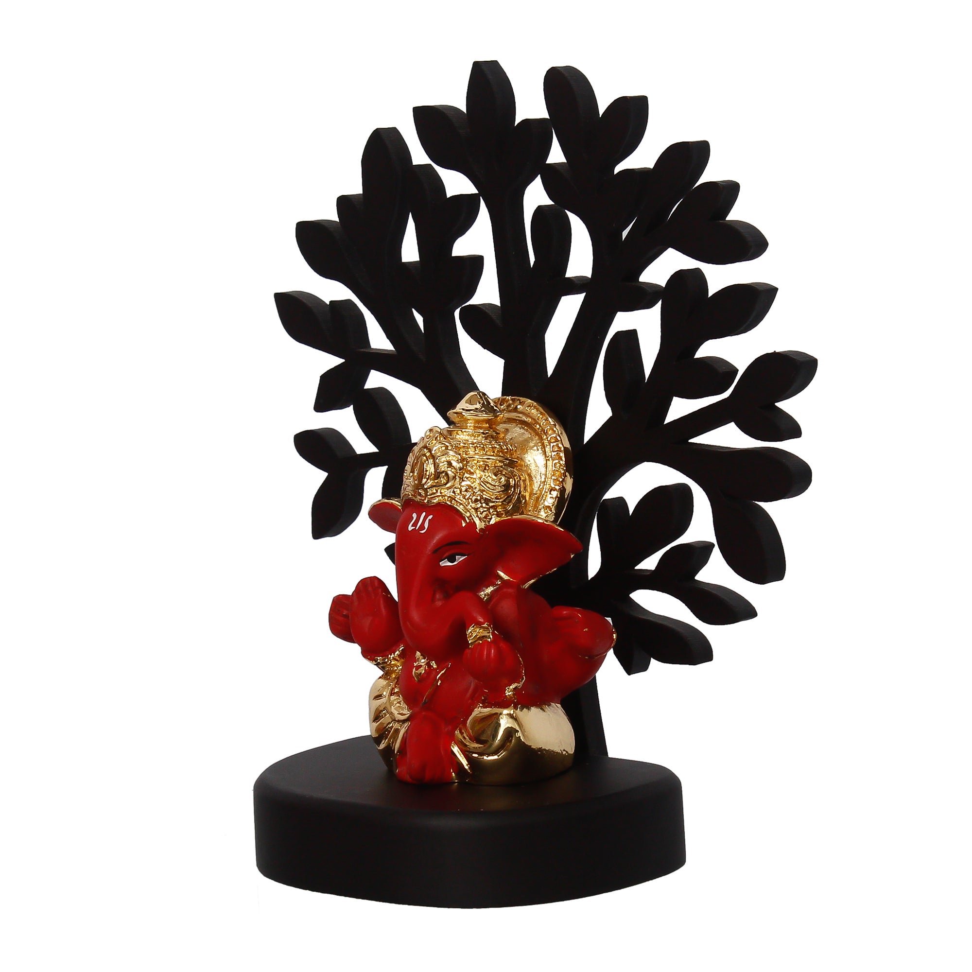 Gold Plated Red Polyresin Ganesha Idol with Wooden Tree for Home, Temple, Office and Car Dashboard 5