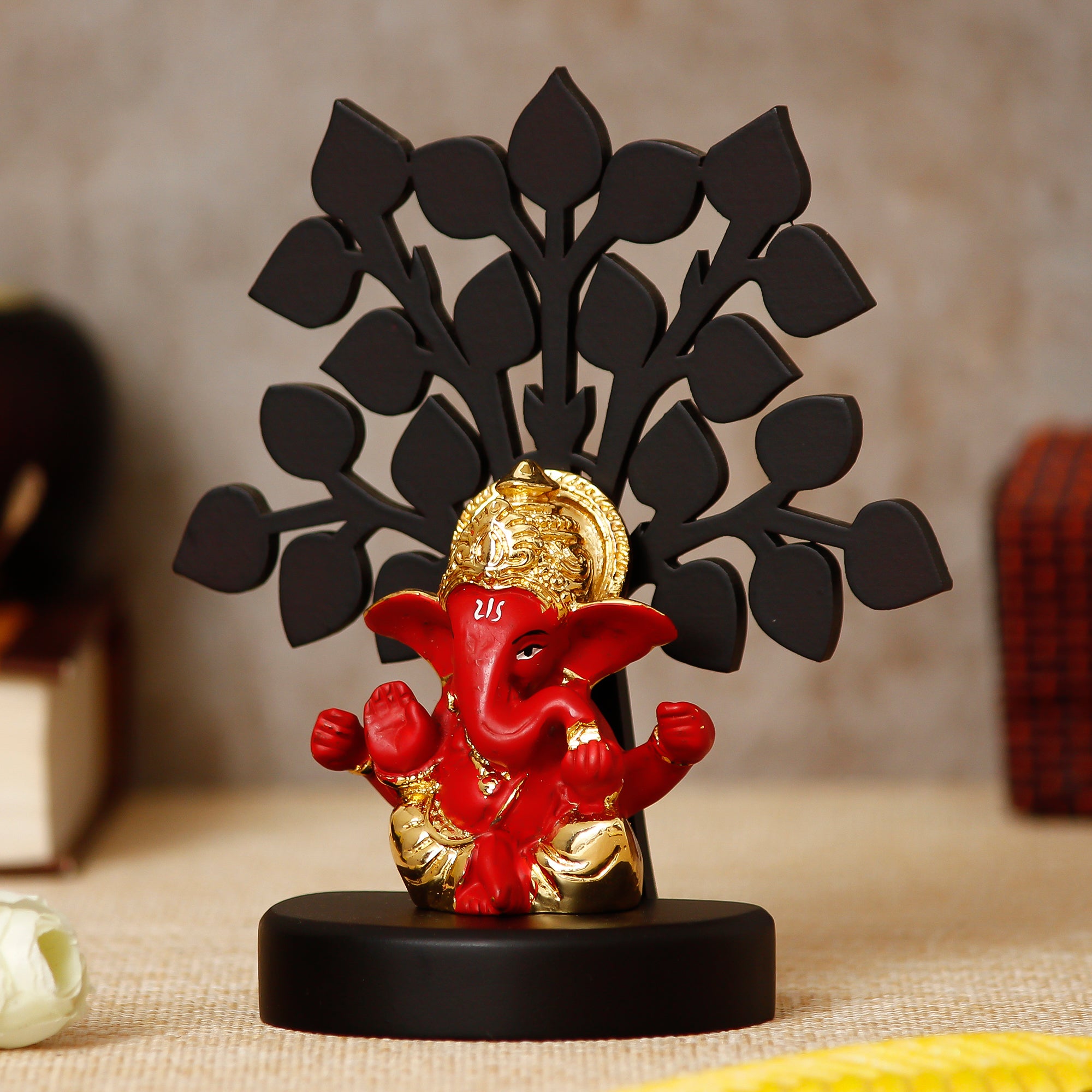 Gold Plated Red Polyresin Ganesha Idol with Wooden Tree for Home, Temple, Office and Car Dashboard 2
