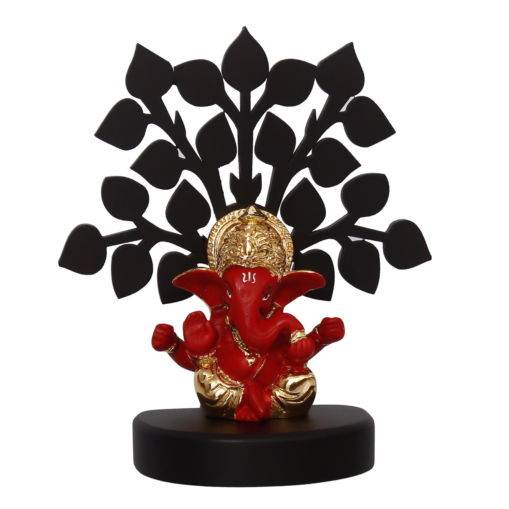 Gold Plated Red Polyresin Ganesha Idol with Wooden Tree for Home, Temple, Office and Car Dashboard 3