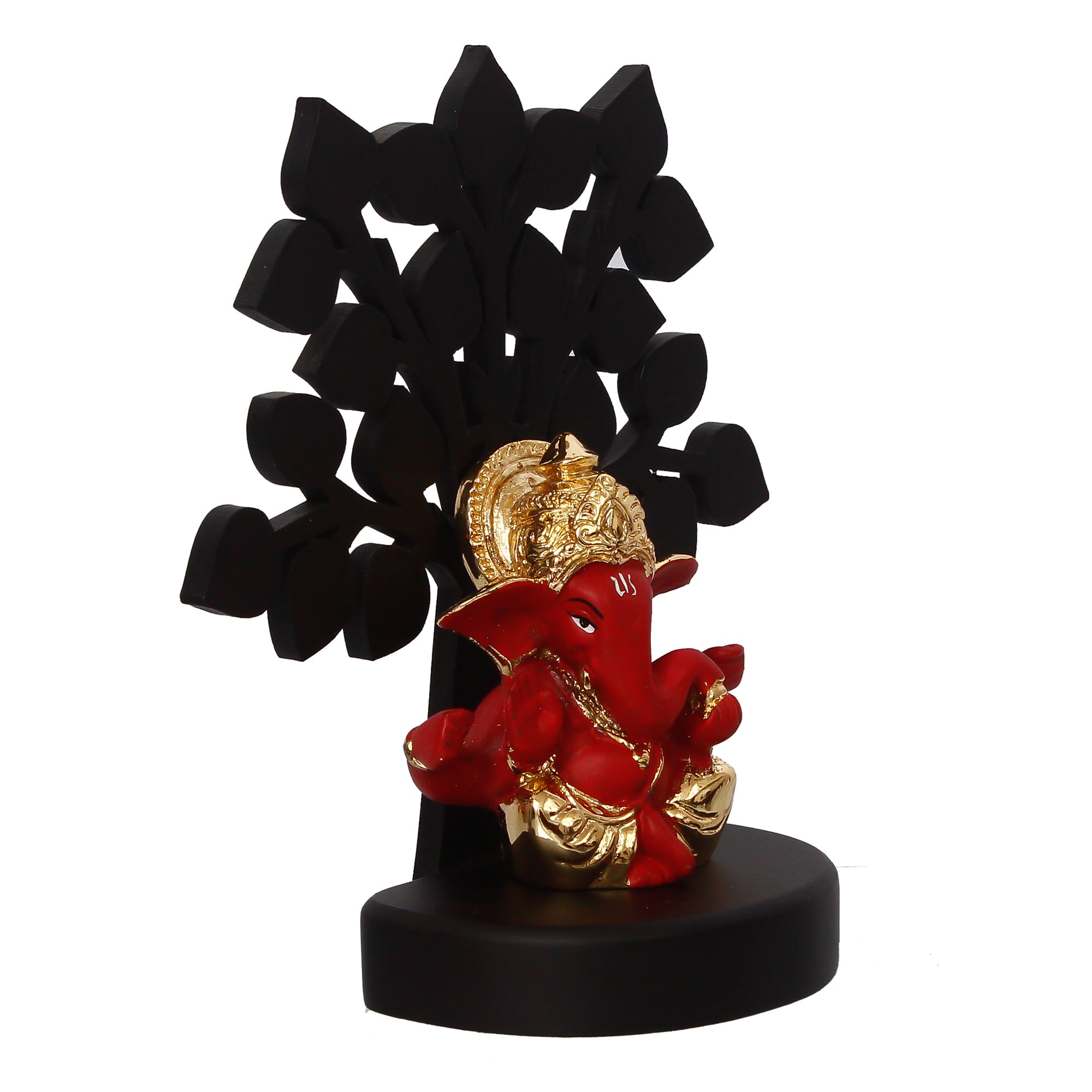 Gold Plated Red Polyresin Ganesha Idol with Wooden Tree for Home, Temple, Office and Car Dashboard 5
