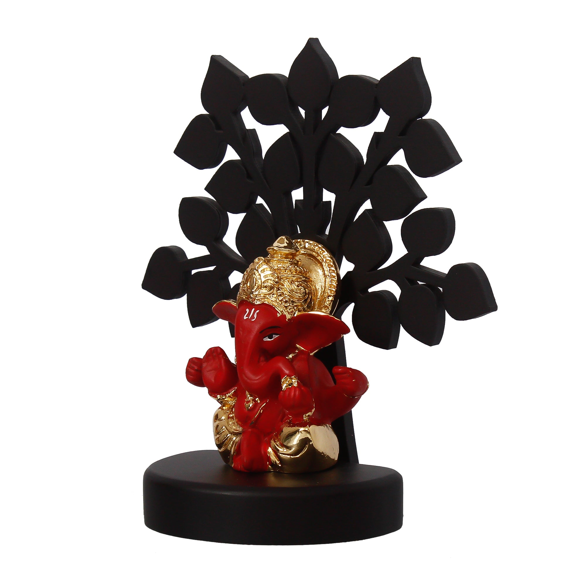 Gold Plated Red Polyresin Ganesha Idol with Wooden Tree for Home, Temple, Office and Car Dashboard 6