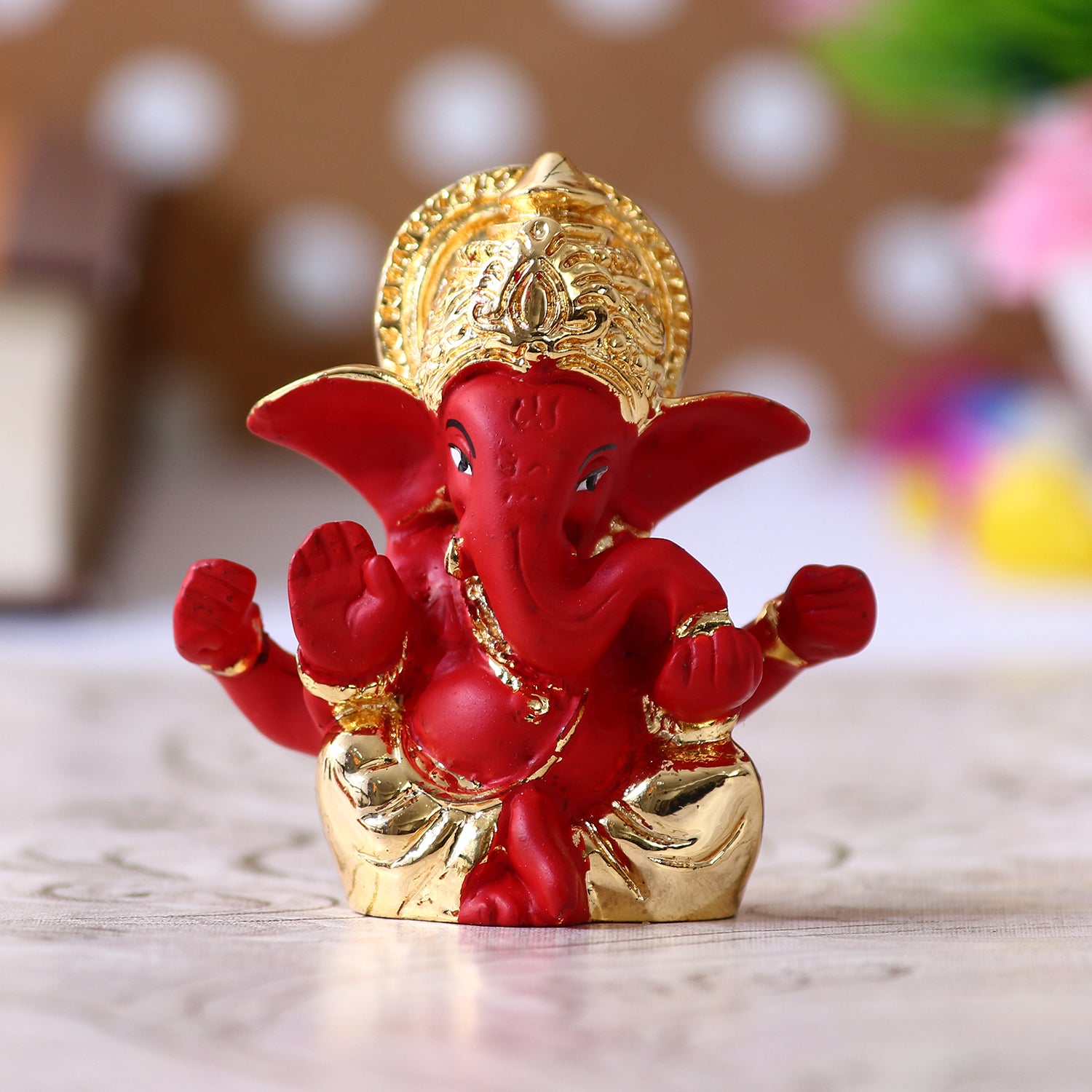 Gold Plated Red Polyresin Lord Ganesha Idol for Home, Temple, Office and Car Dashboard