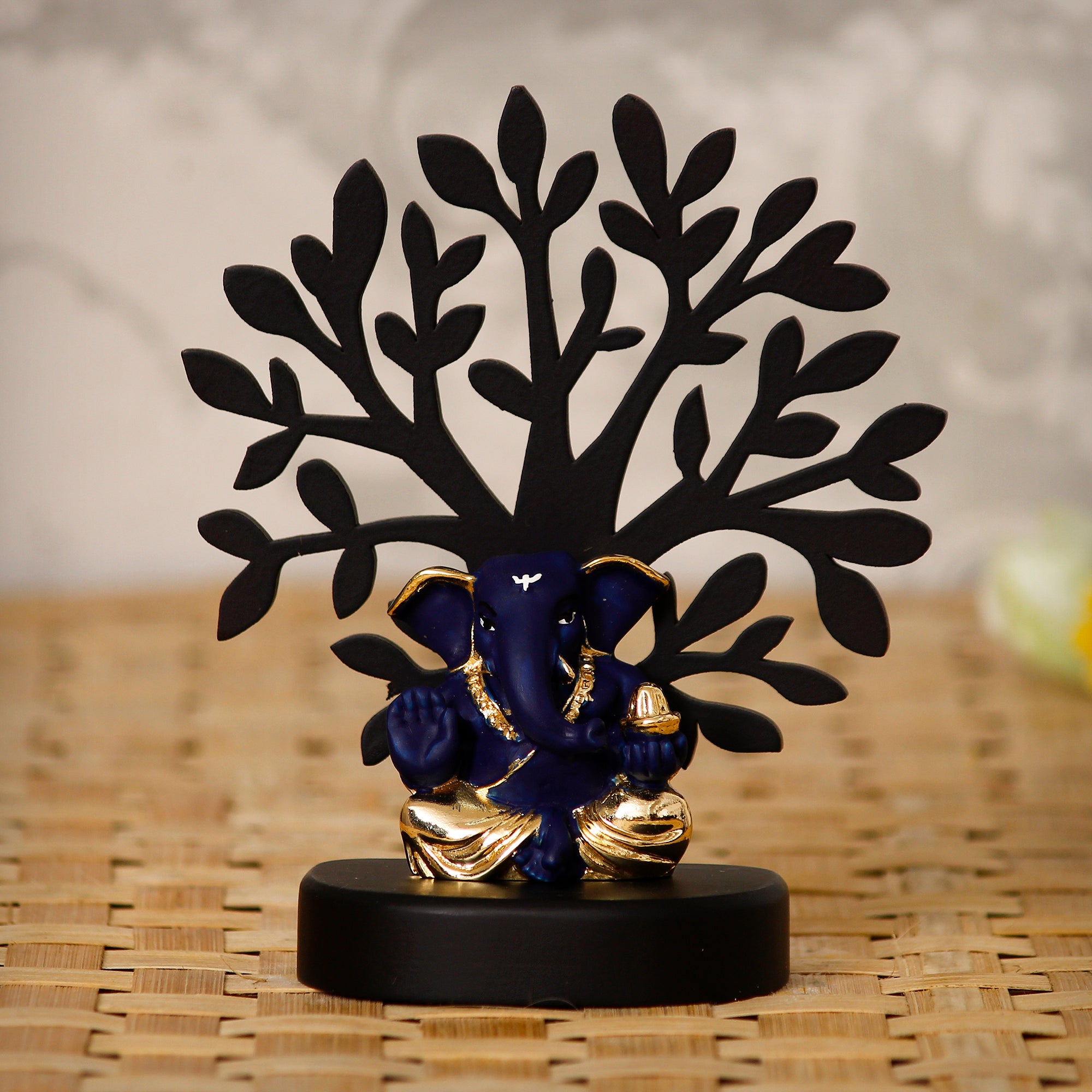Gold Plated Blue Polyresin Appu Ganesha Idol with Wooden Tree for Home, Temple, Office and Car Dashboard