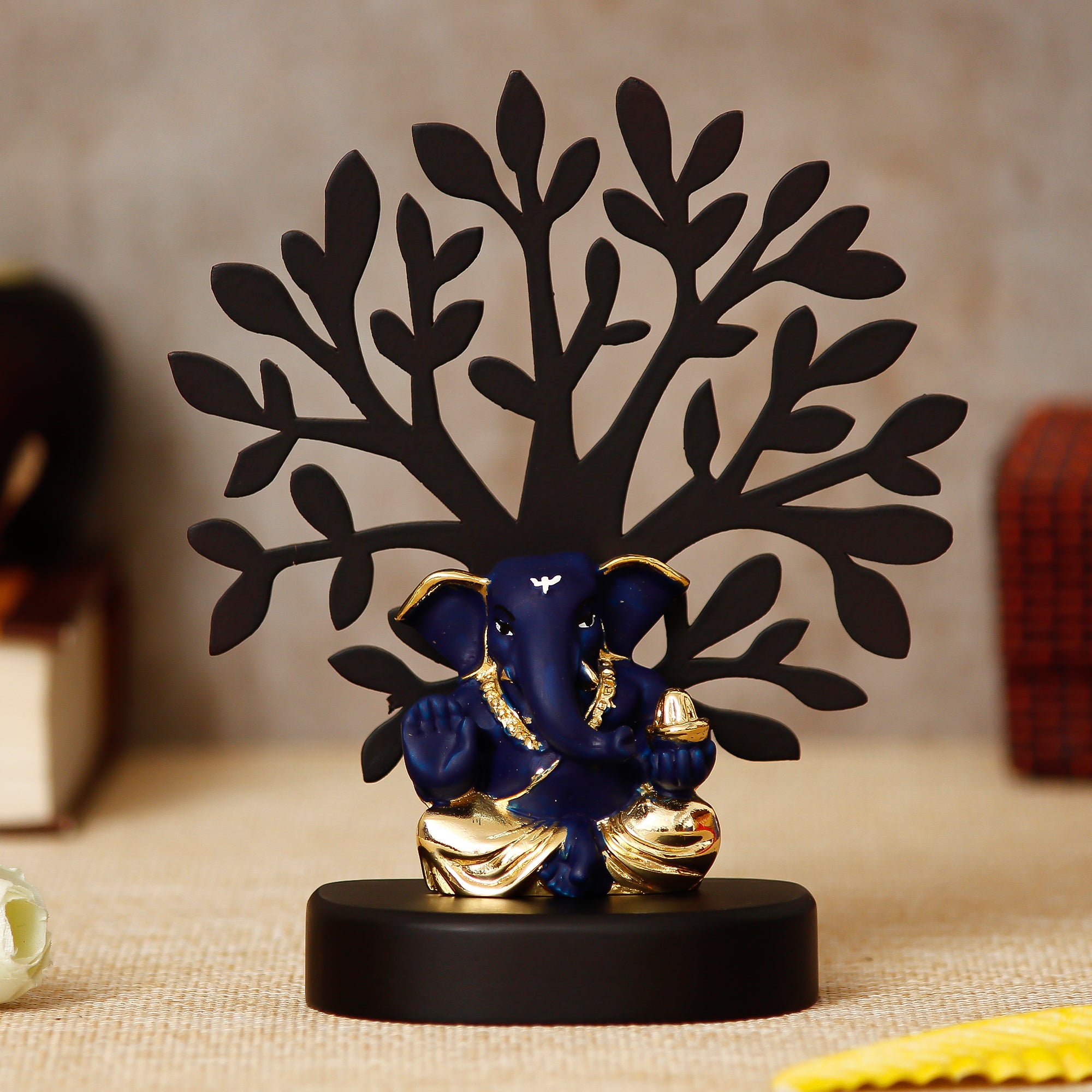 Gold Plated Blue Polyresin Appu Ganesha Idol with Wooden Tree for Home, Temple, Office and Car Dashboard 1