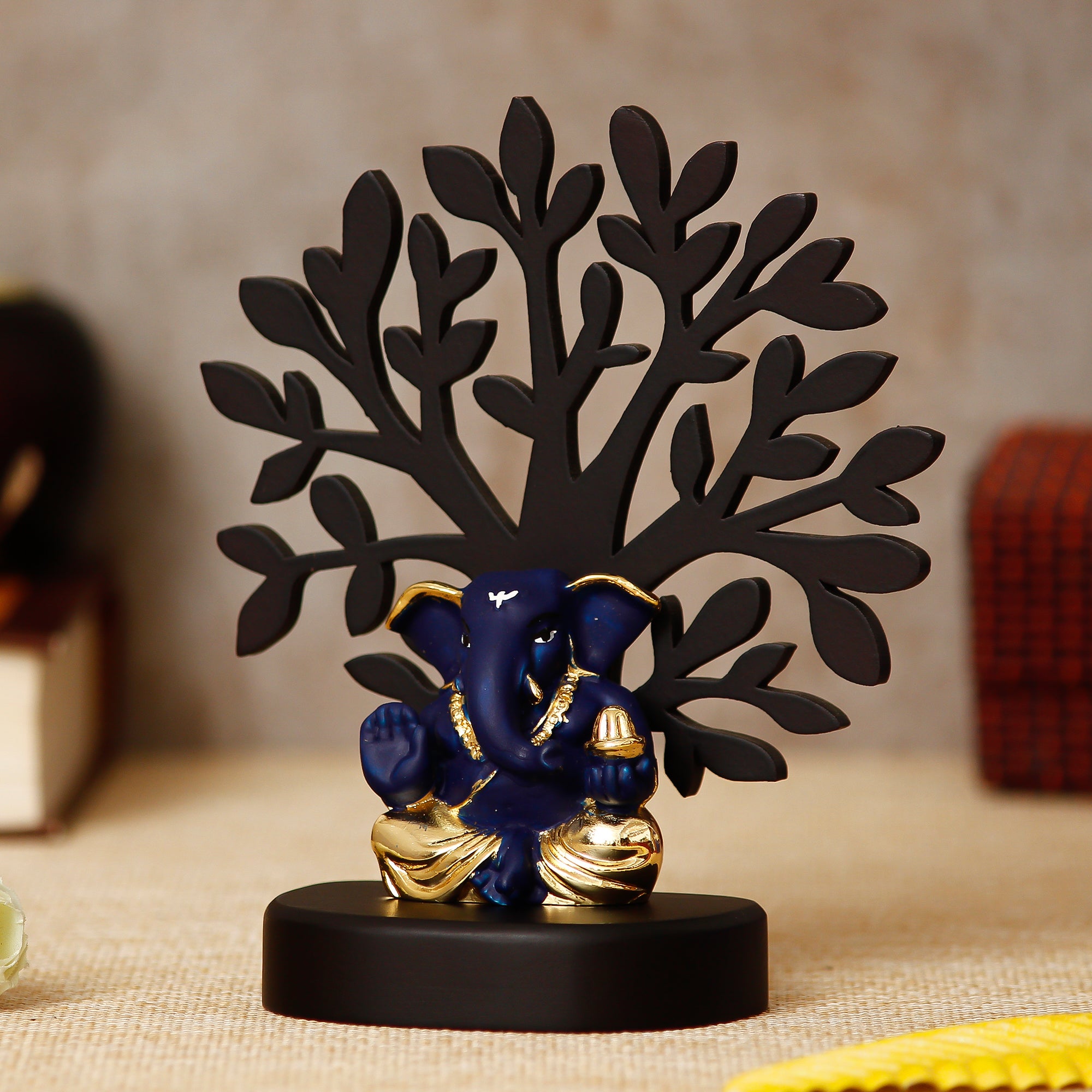 Gold Plated Blue Polyresin Appu Ganesha Idol with Wooden Tree for Home, Temple, Office and Car Dashboard 2