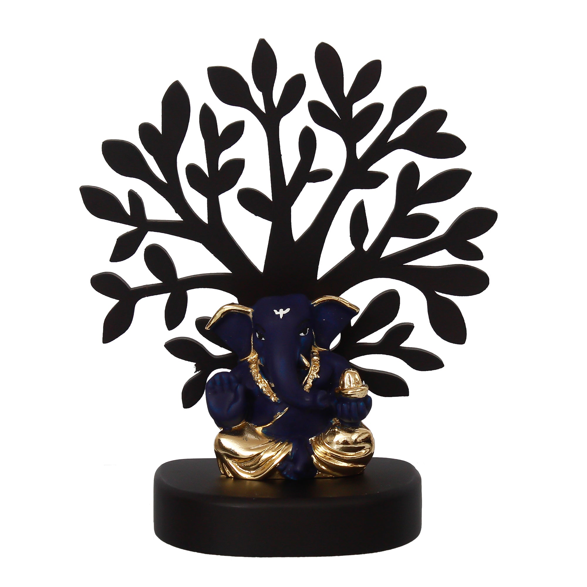 Gold Plated Blue Polyresin Appu Ganesha Idol with Wooden Tree for Home, Temple, Office and Car Dashboard 3