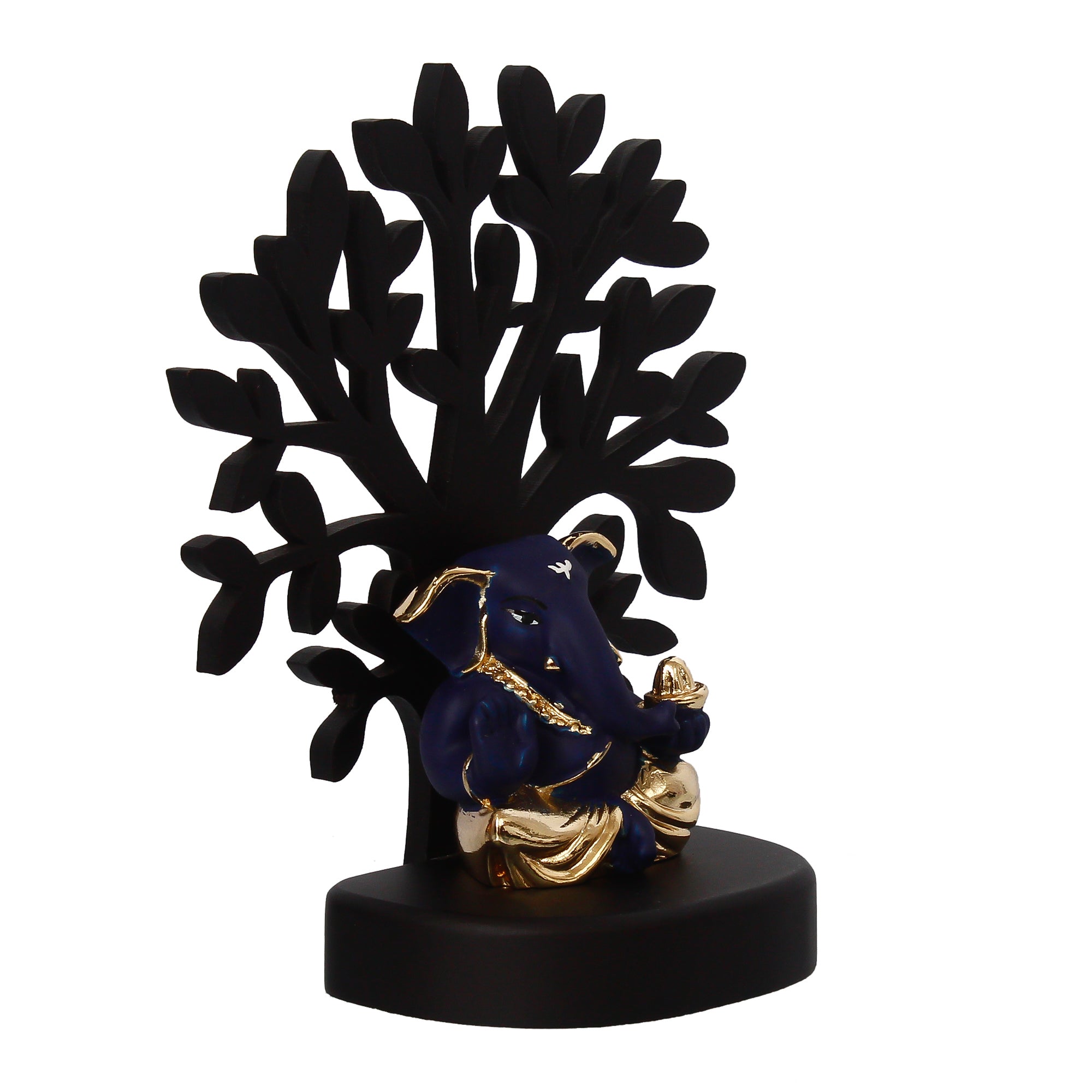 Gold Plated Blue Polyresin Appu Ganesha Idol with Wooden Tree for Home, Temple, Office and Car Dashboard 5
