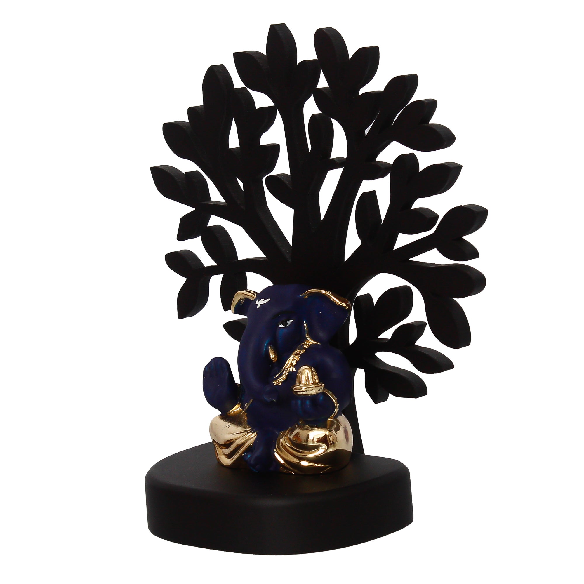 Gold Plated Blue Polyresin Appu Ganesha Idol with Wooden Tree for Home, Temple, Office and Car Dashboard 6