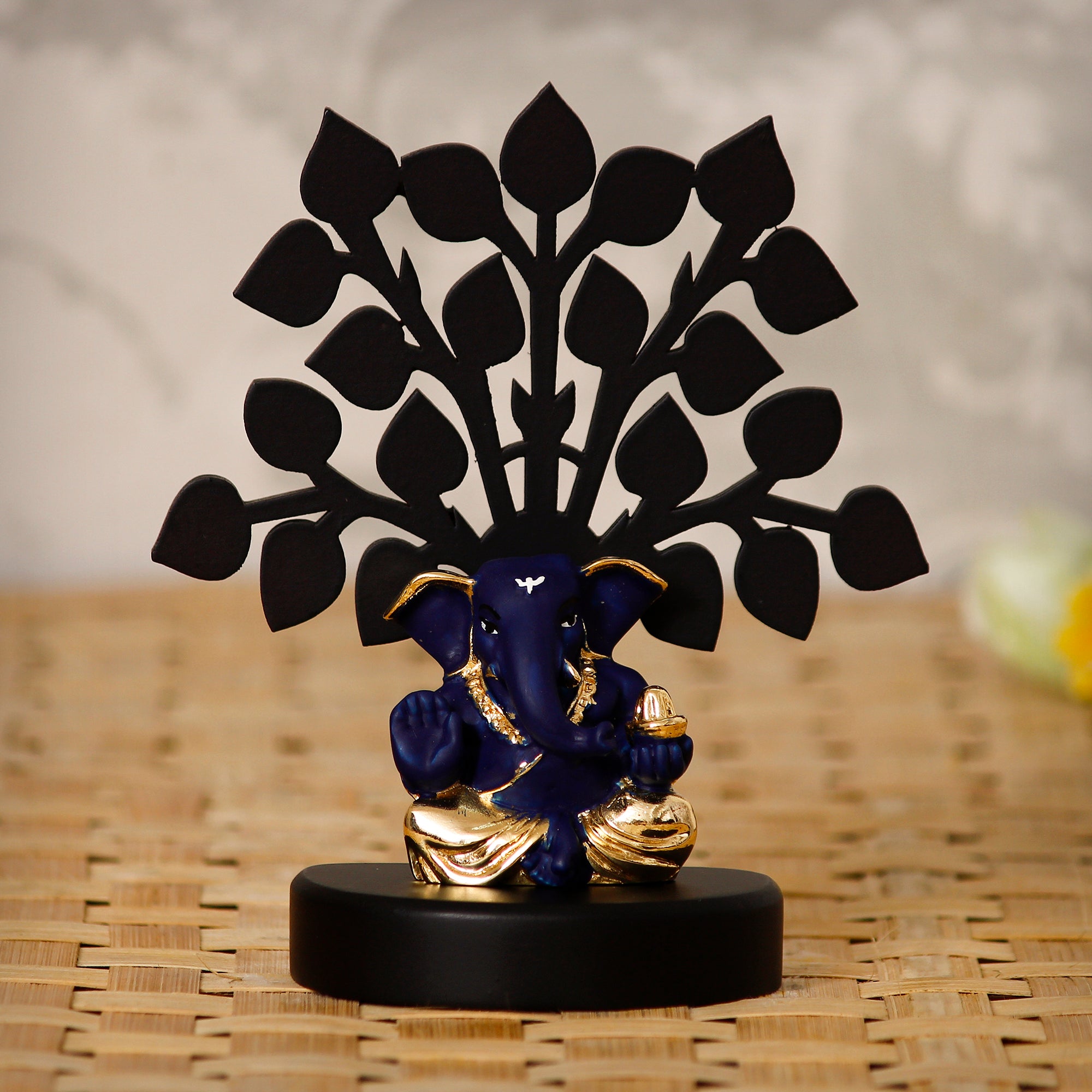 Gold Plated Blue Polyresin Appu Ganesha Statue with Wooden Tree for Home, Temple, Office and Car Dashboard