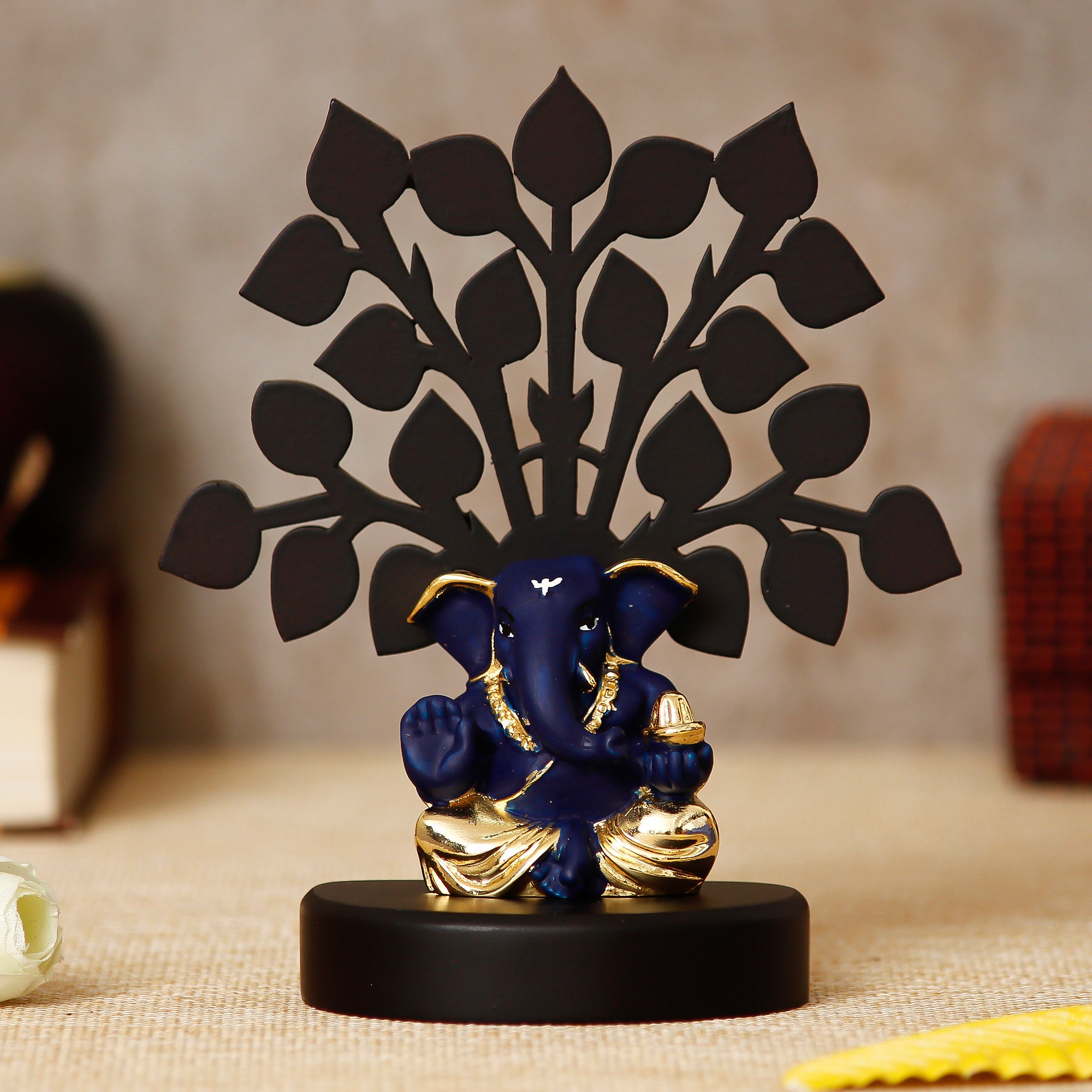 Gold Plated Blue Polyresin Appu Ganesha Statue with Wooden Tree for Home, Temple, Office and Car Dashboard 1
