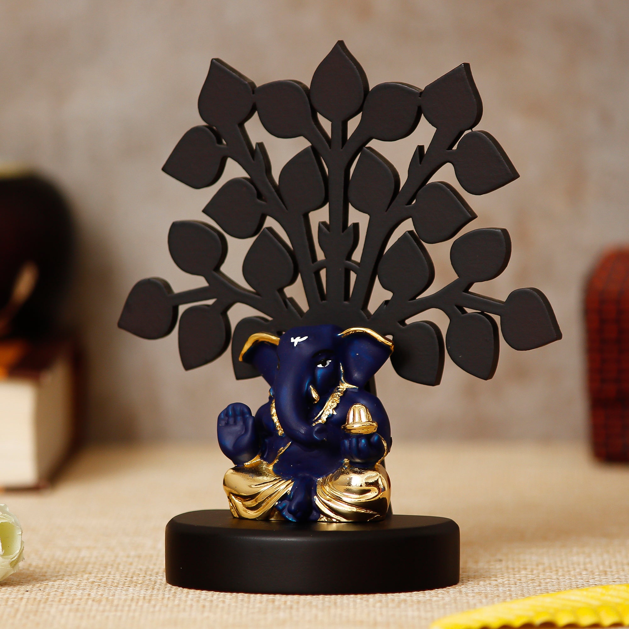 Gold Plated Blue Polyresin Appu Ganesha Statue with Wooden Tree for Home, Temple, Office and Car Dashboard 2