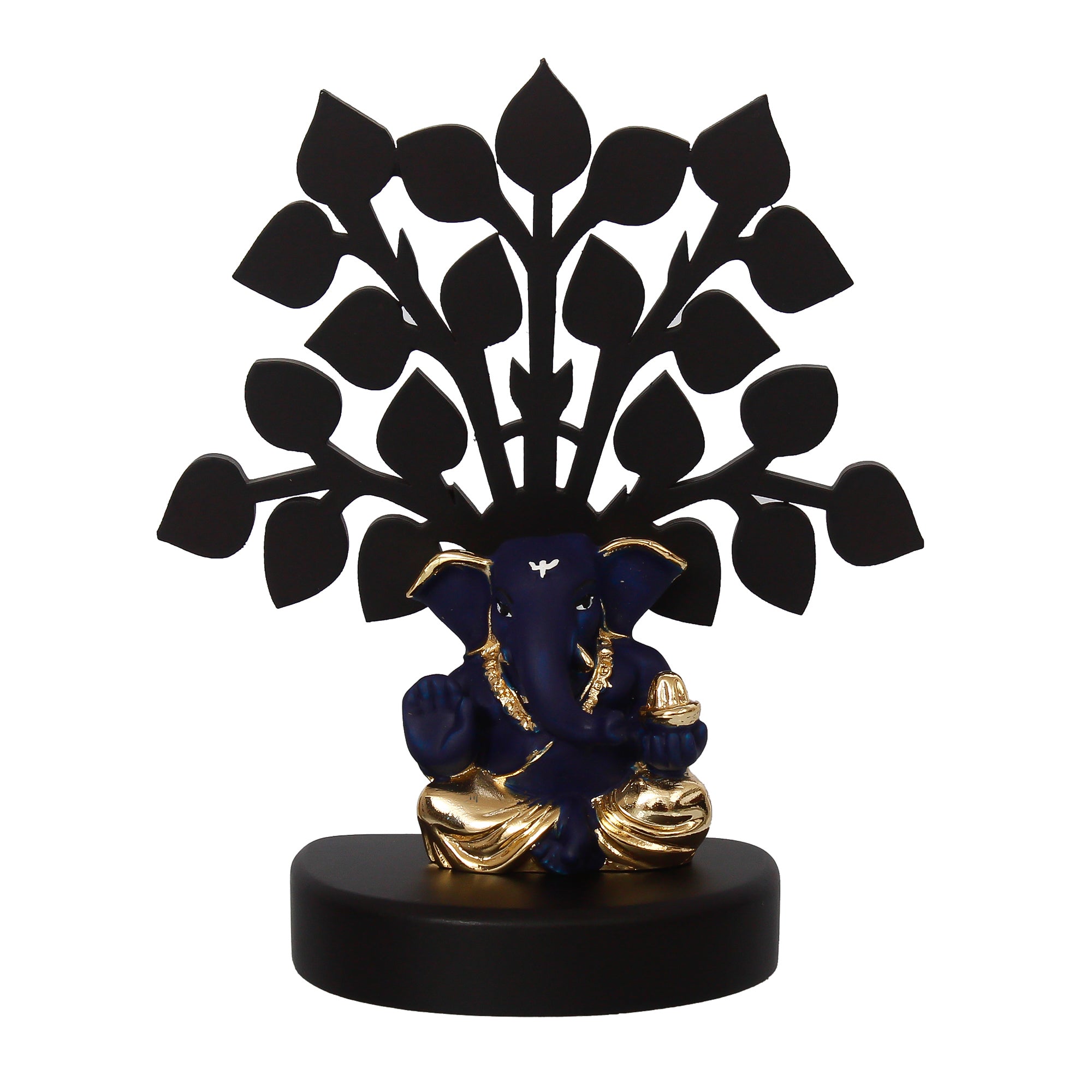 Gold Plated Blue Polyresin Appu Ganesha Statue with Wooden Tree for Home, Temple, Office and Car Dashboard 3