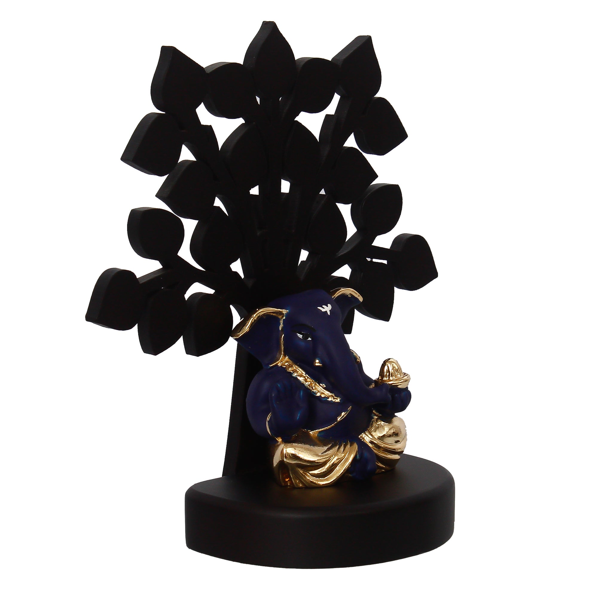 Gold Plated Blue Polyresin Appu Ganesha Statue with Wooden Tree for Home, Temple, Office and Car Dashboard 5