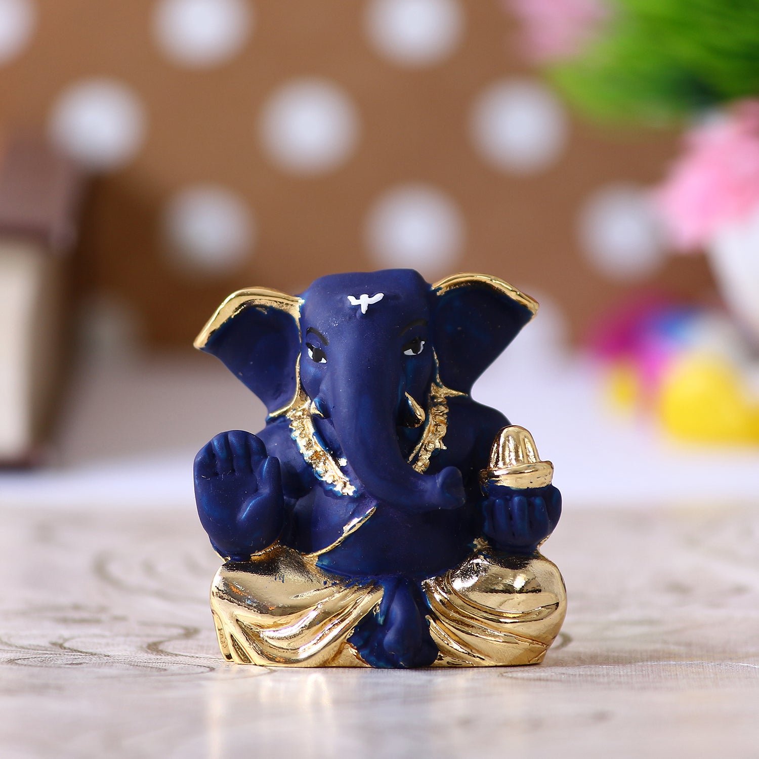 Gold Plated Blue Polyresin Appu Ganesha Idol for Home, Temple, Office and Car Dashboard
