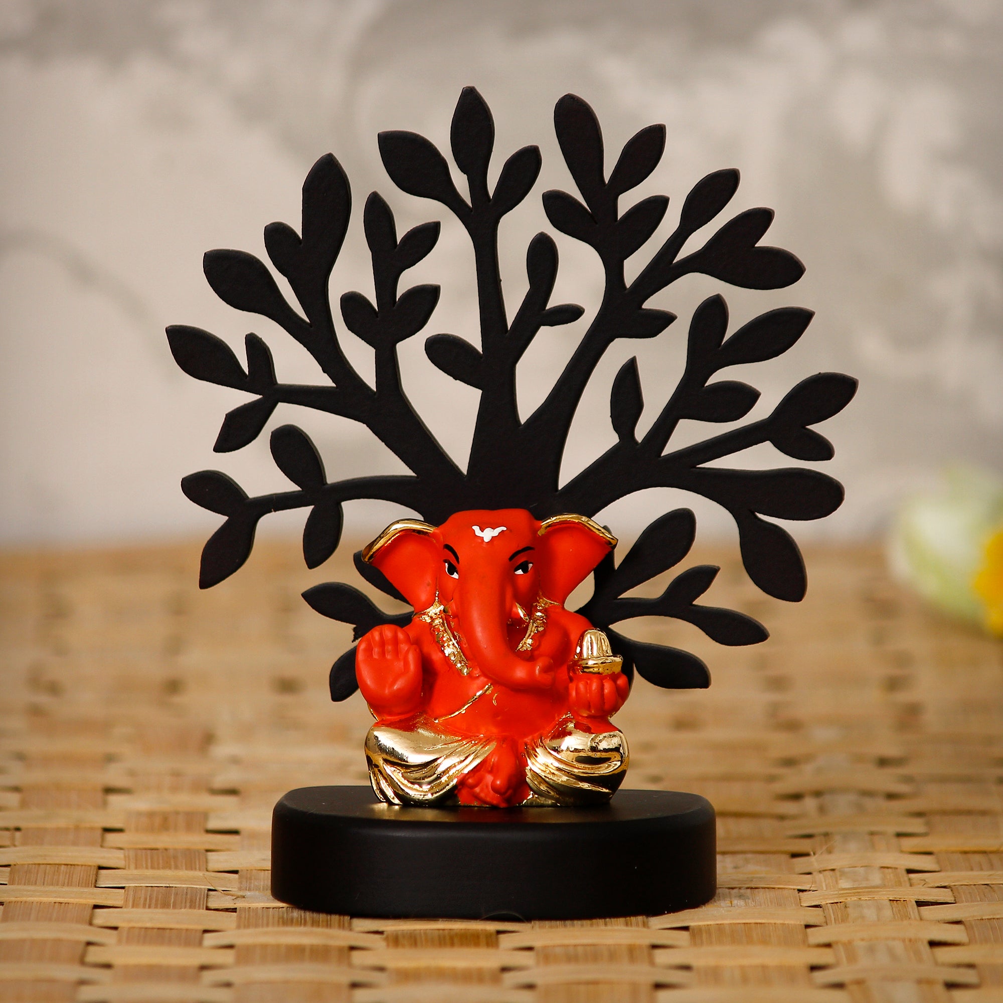 Gold Plated Orange Polyresin Appu Ganesha Idol with Wooden Tree for Home, Temple, Office and Car Dashboard