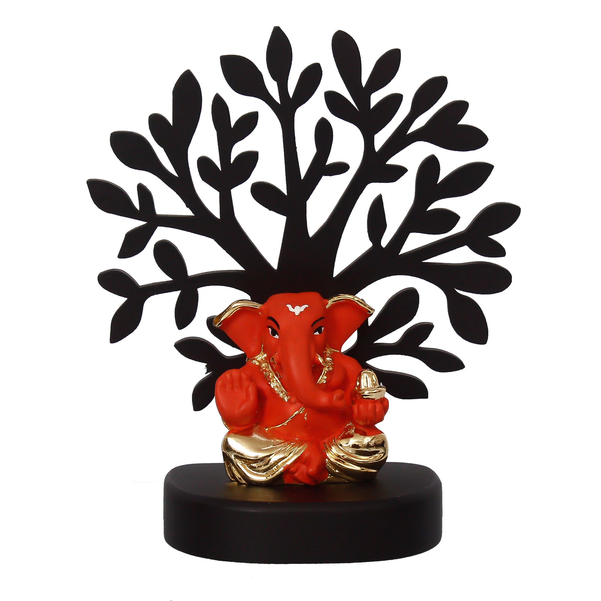 Gold Plated Orange Polyresin Appu Ganesha Idol with Wooden Tree for Home, Temple, Office and Car Dashboard 3